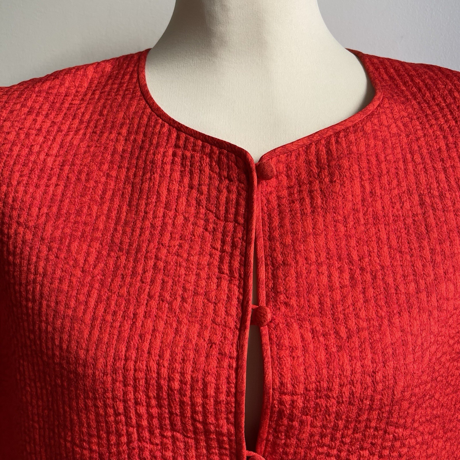 Vintage 1980s Aurora Ruffolo Quilted Jacket Wool Crepe Red Floral Button Medium