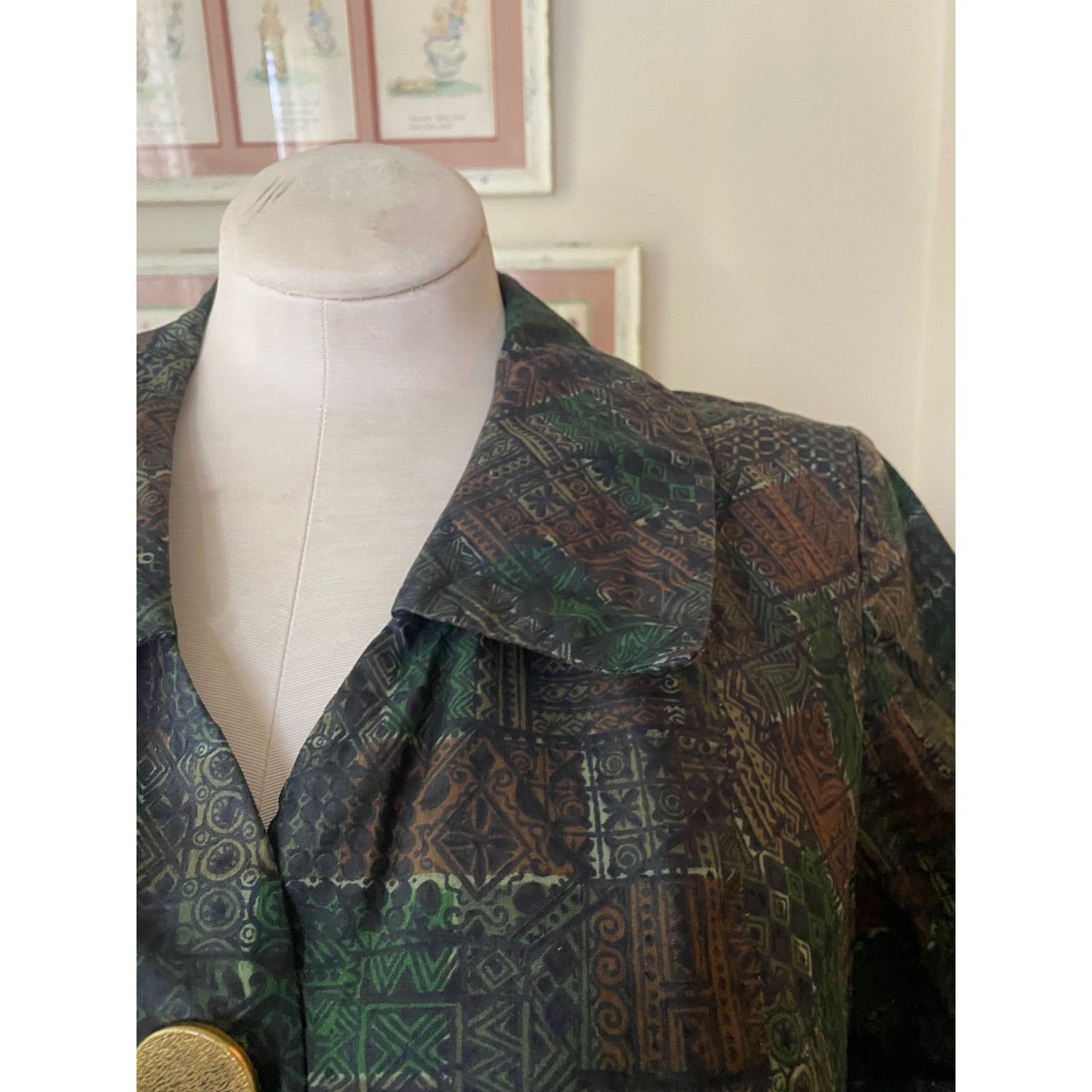 Vintage 60s Tiki Print Cropped Jacket Green Brown Geometric Gold Buttons XL
