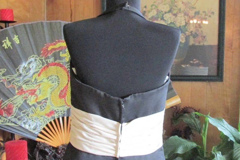 VTG Saison Blanche Black Brushed Satin Short Halter Dress Tan Cummerbund SZ 12