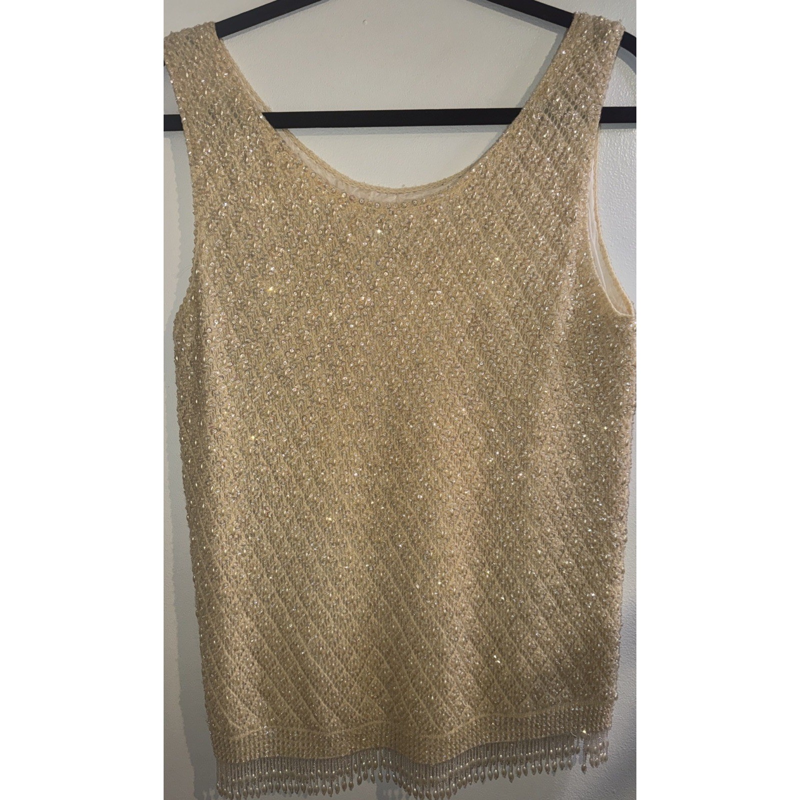 Vintage Beaded Sequin Knit Tank Top Cream Champagne Pearl Fringe Shell L