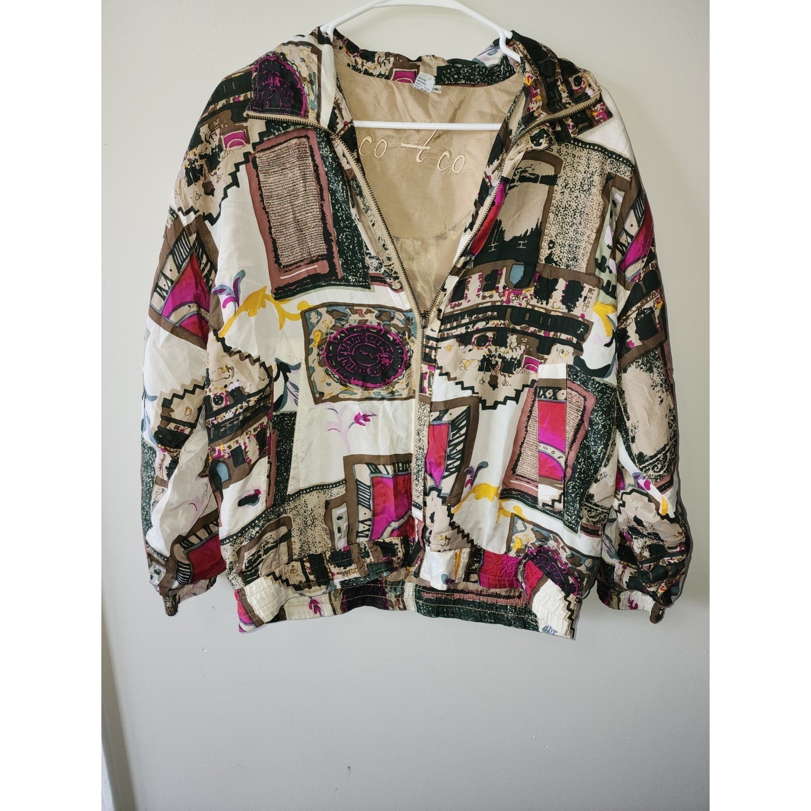 Vintage 90s 100% Silk Abstract Print Bomber Jacket Size S Made in Korea