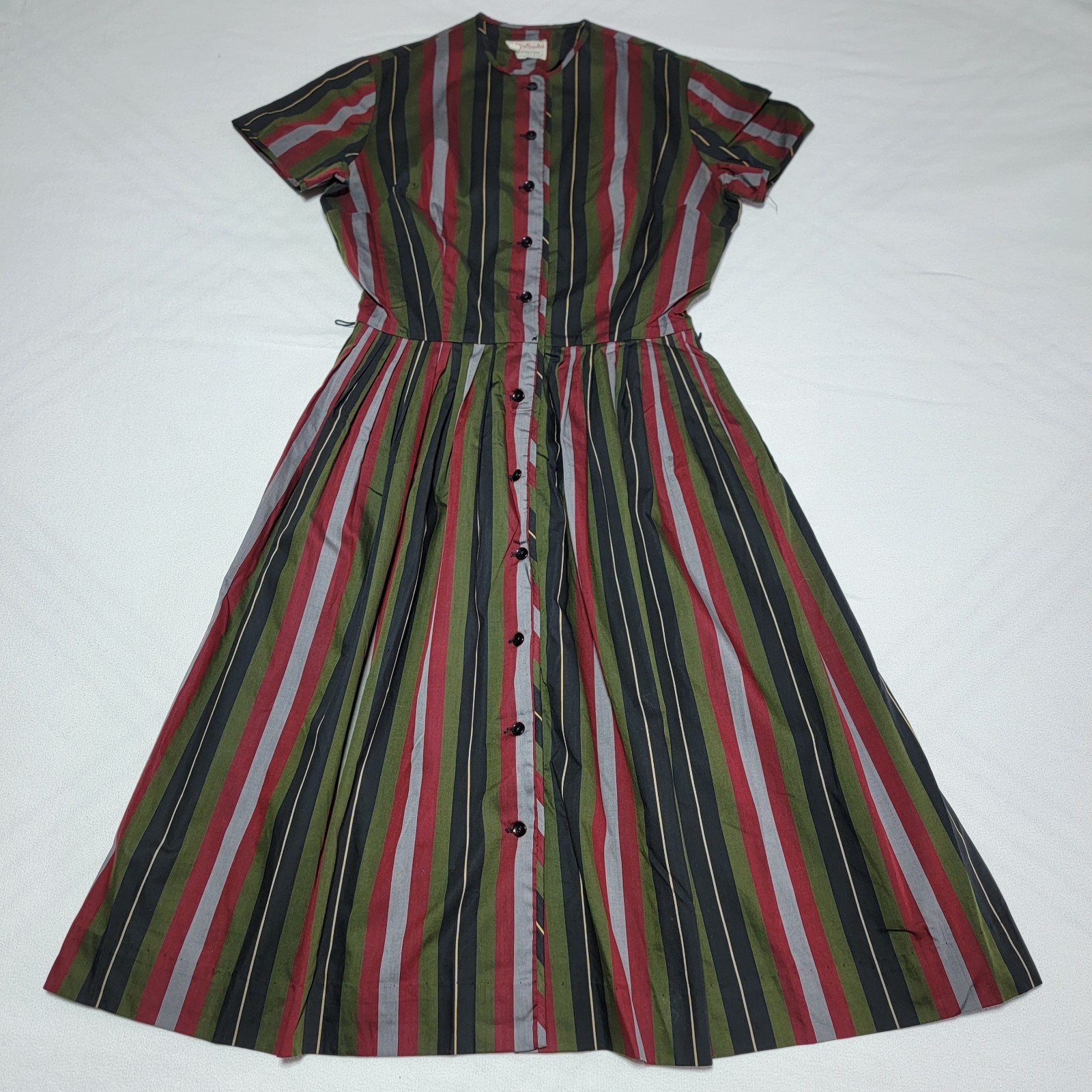 Vintage Bobbie Brooks 60s Striped Day Dress Red Black Green Grey Women Size S/6
