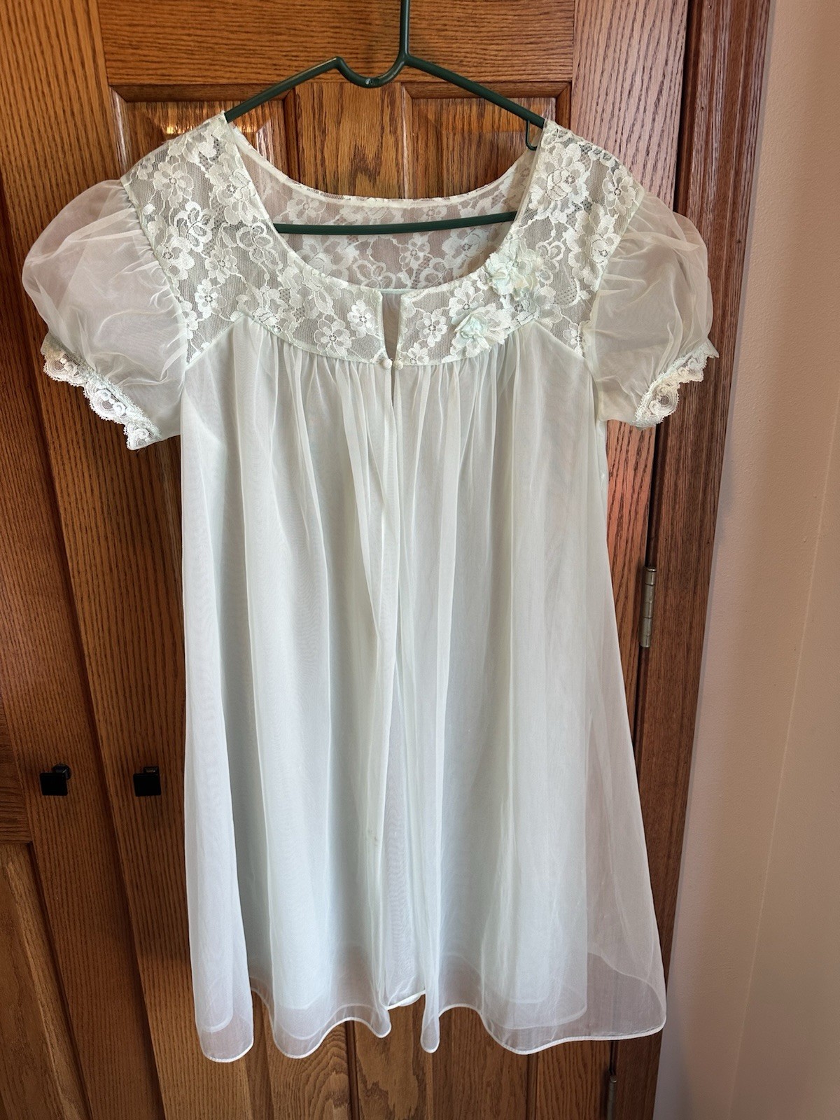 VTG Vanity Fair Peignoir Mint Green Sheer Negligee Puff Sleeve Hollywood Glam Sm