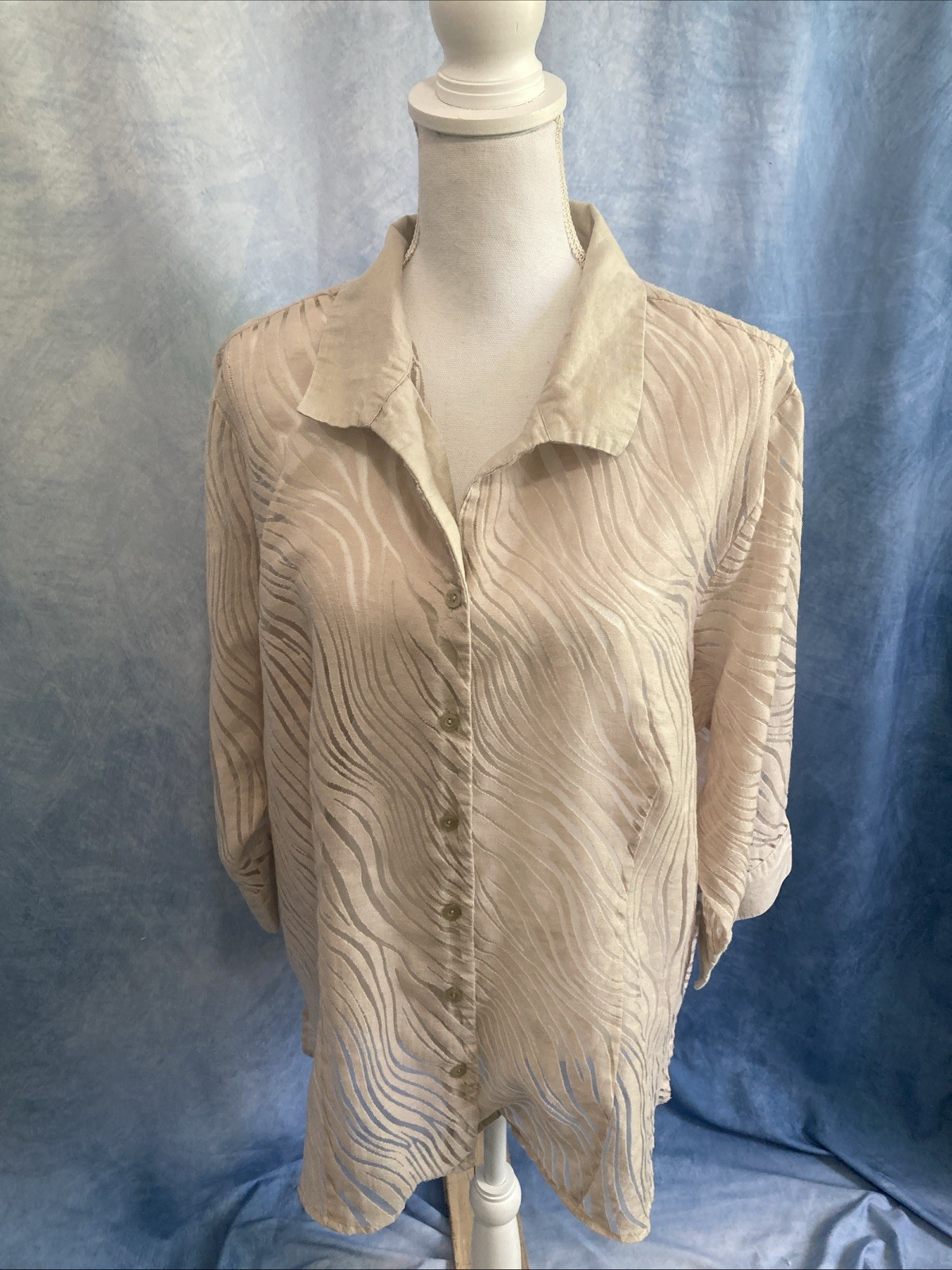 Vtg Y2K Sheer Zebra Burnout Shirt Blouse Beige Tan Tunic Plus Size 2X Unbranded