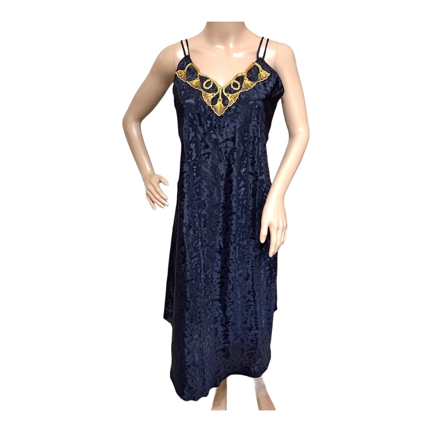 VTG Cypress Chemise Slip Dress Nightgown M Blue Gold Art Deco Dark Romantic USA
