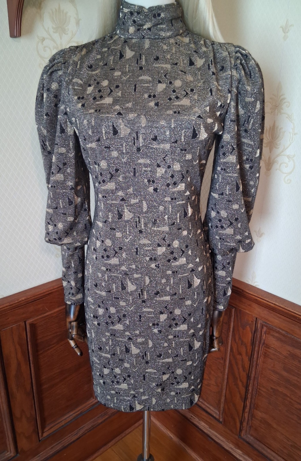 Vintage 80s All that Jazz Metallic Gold New Wave Puff Sleeve Bodycon Mini Dress