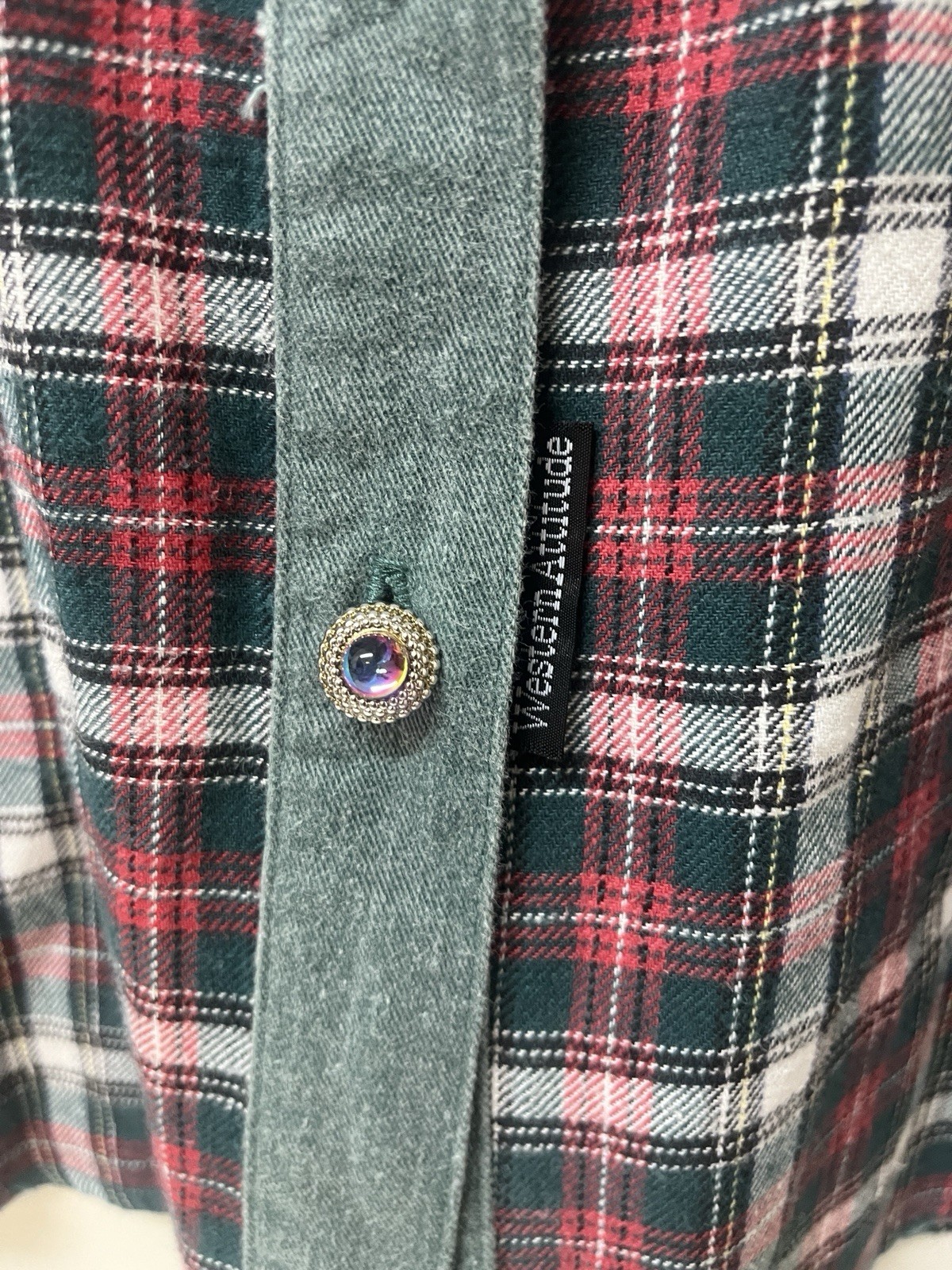 Lilia Smitty Vintage Western Attitude Plaid ￼Button-Up Jeweled Button Medium