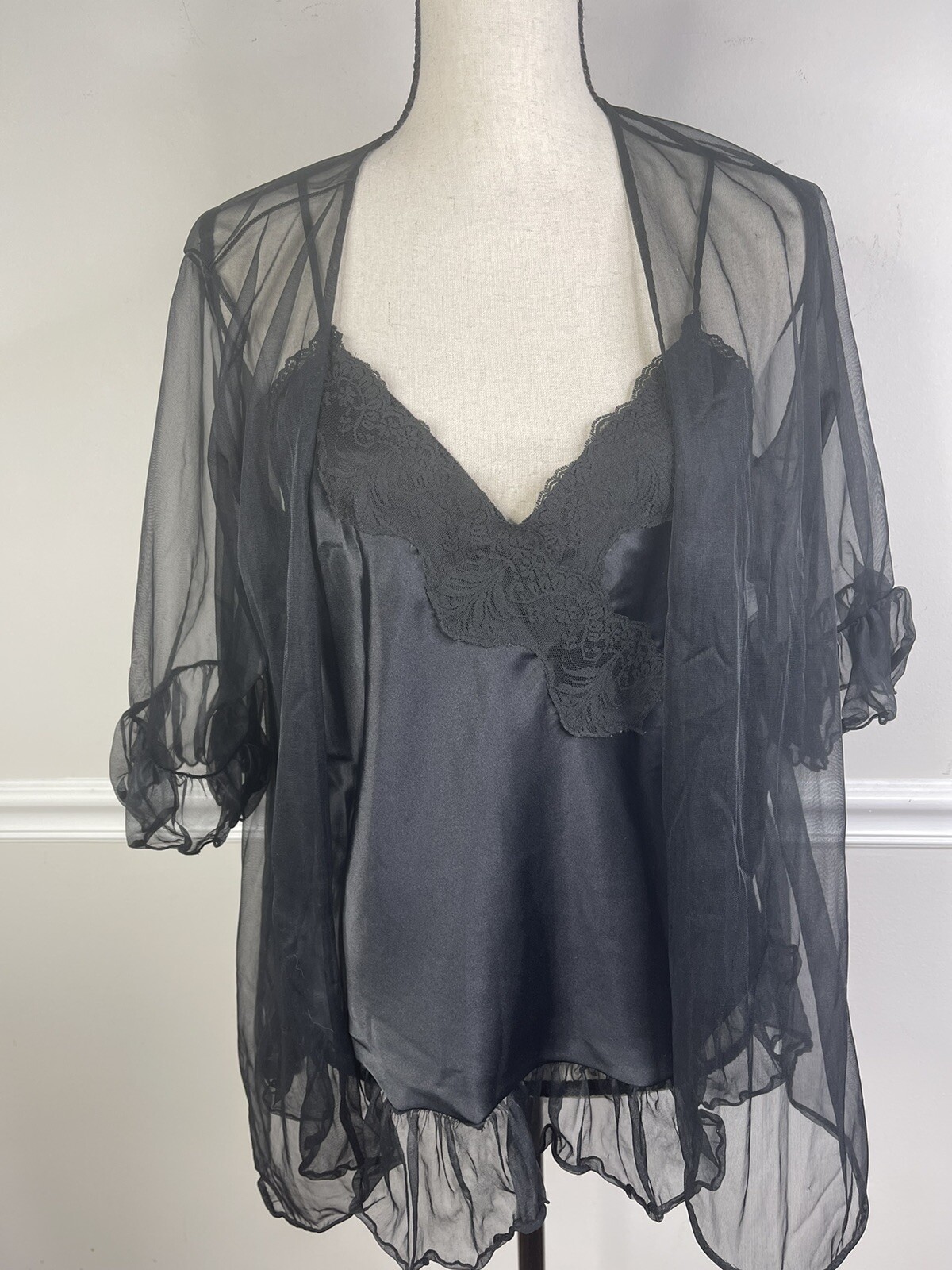 Vintage DELICATES Liquid SATIN Lace Cami Peignoir Black Large Chiffon Set Sexy