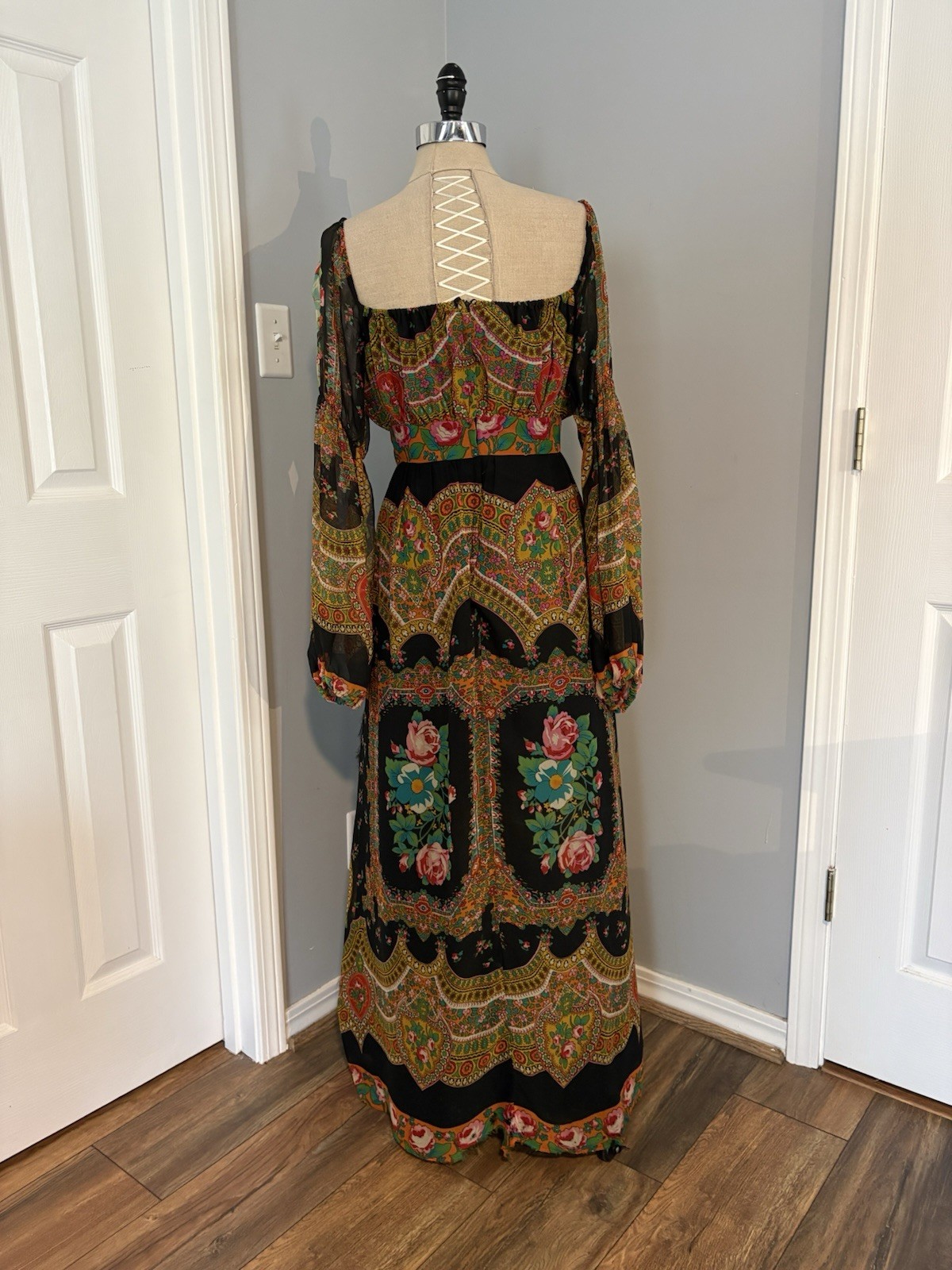 Vintage 60s Original Medieval Psychedelic Maxi Dress Mad Whirl Boho Renaissance