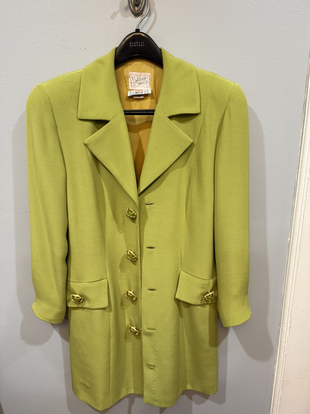 Vintage Kathryn Dianos Lined Single Breasted Jacket Size 6 Lime With Gold Button