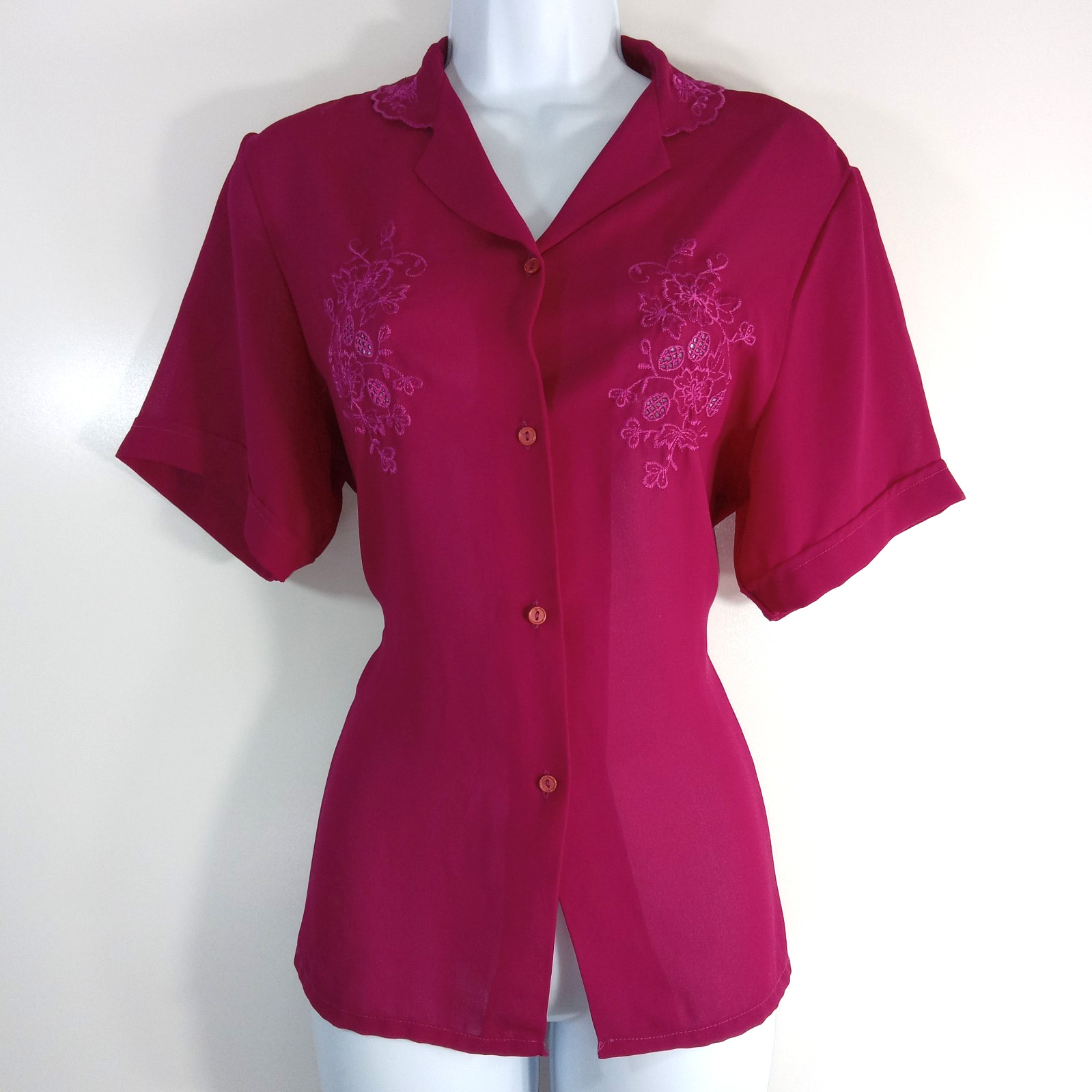 Vintage Puccini Blouse Chiffon Floral Eyelet Design Button Up Pink Womens Large