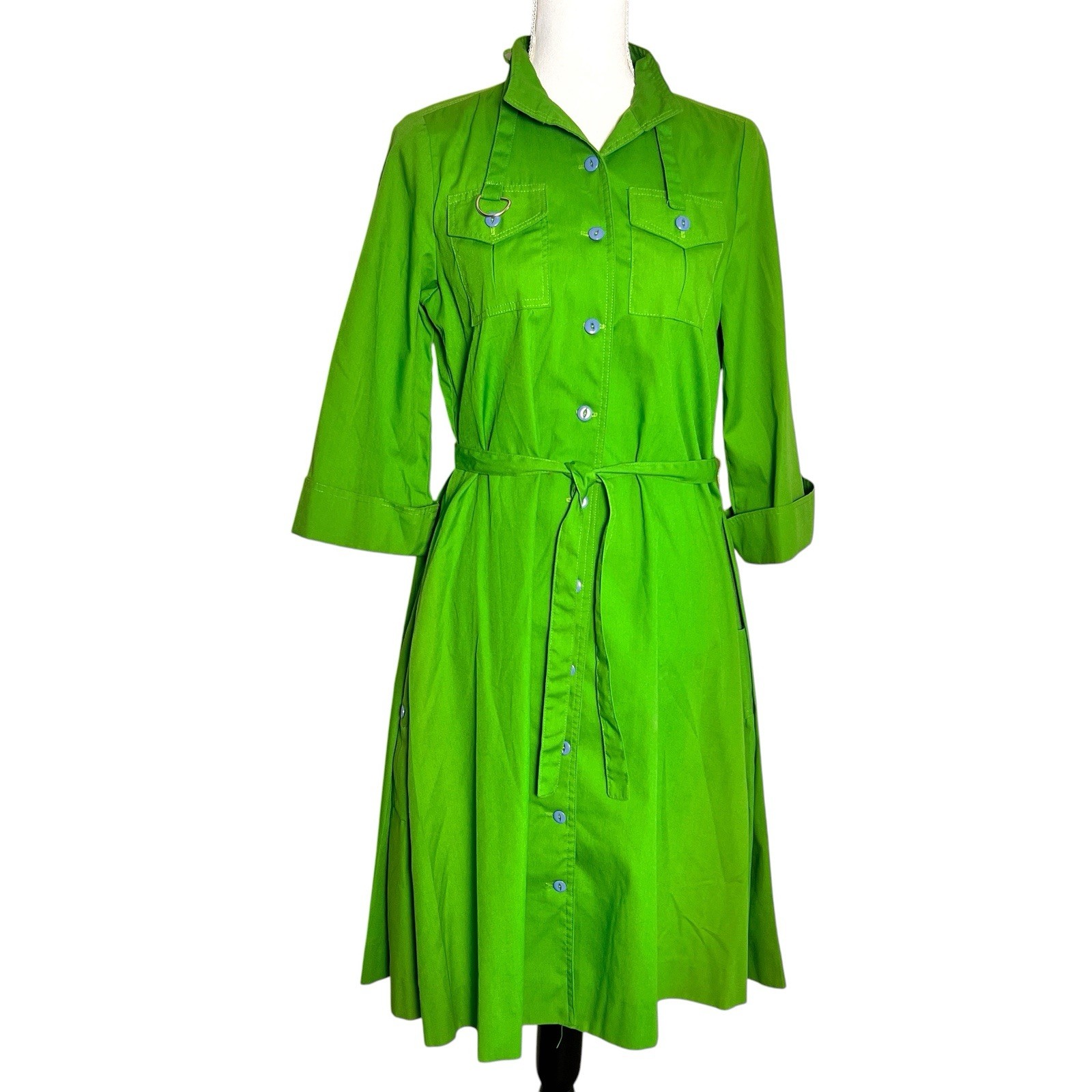 Vtg 1980s Alan Kan Green Shirt Dress Belted Button Front Pockets A-Line Mod M/L