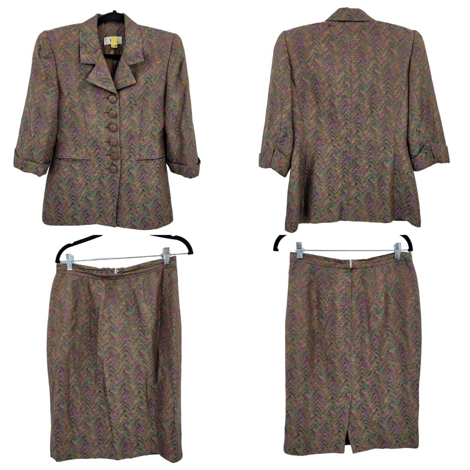 Womens 80’s Power Suit 8 Skirt Set Rainbow Chevron Psychedelic Twill Button