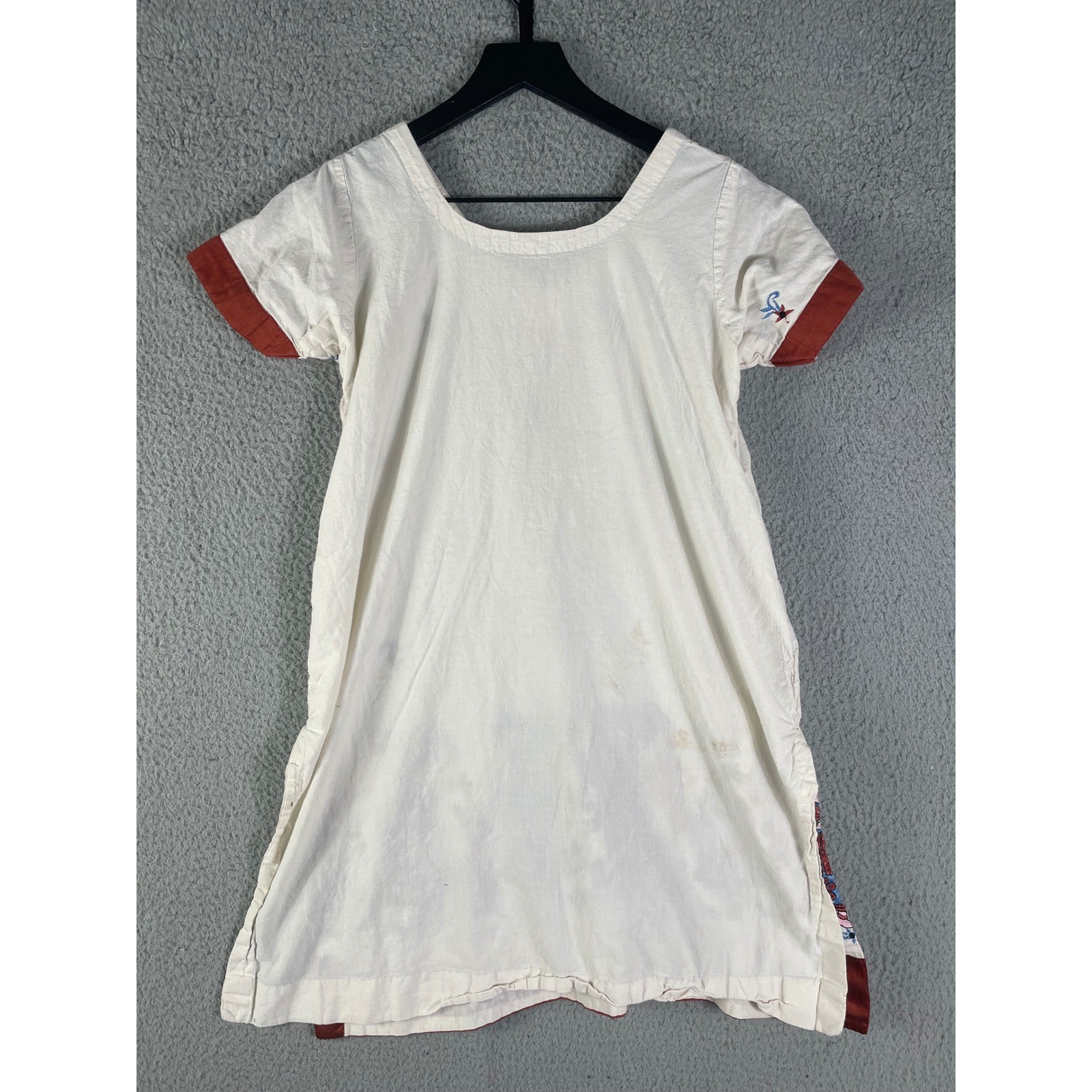 Vintage Hand Embroidered Boho Tunic Dress Cream Rust Blue V Neck Cottagecore