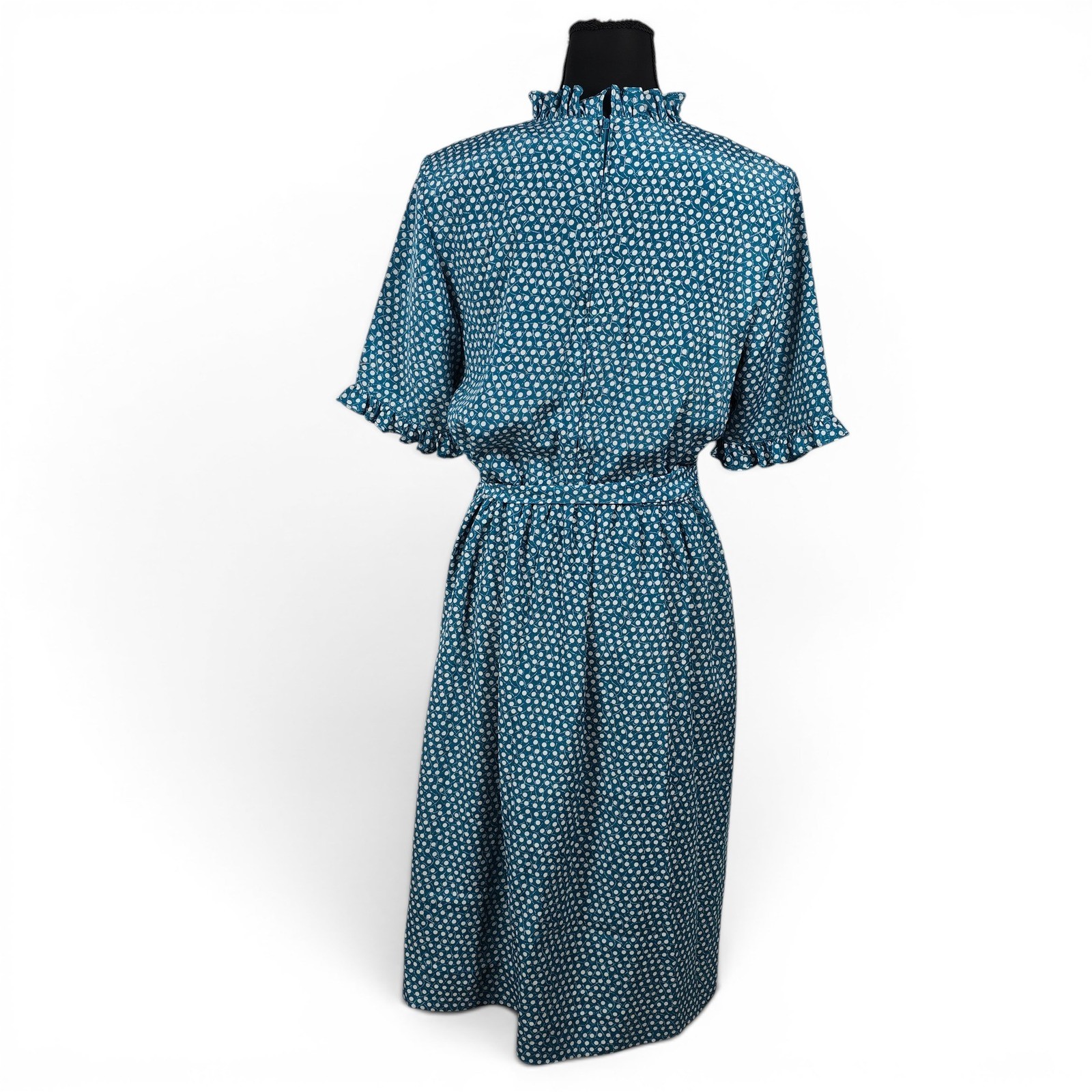 Ciao Ltd Vintage Teal Polka Dot Midi Dress Ruffle High Neck Short Sleeve Retro