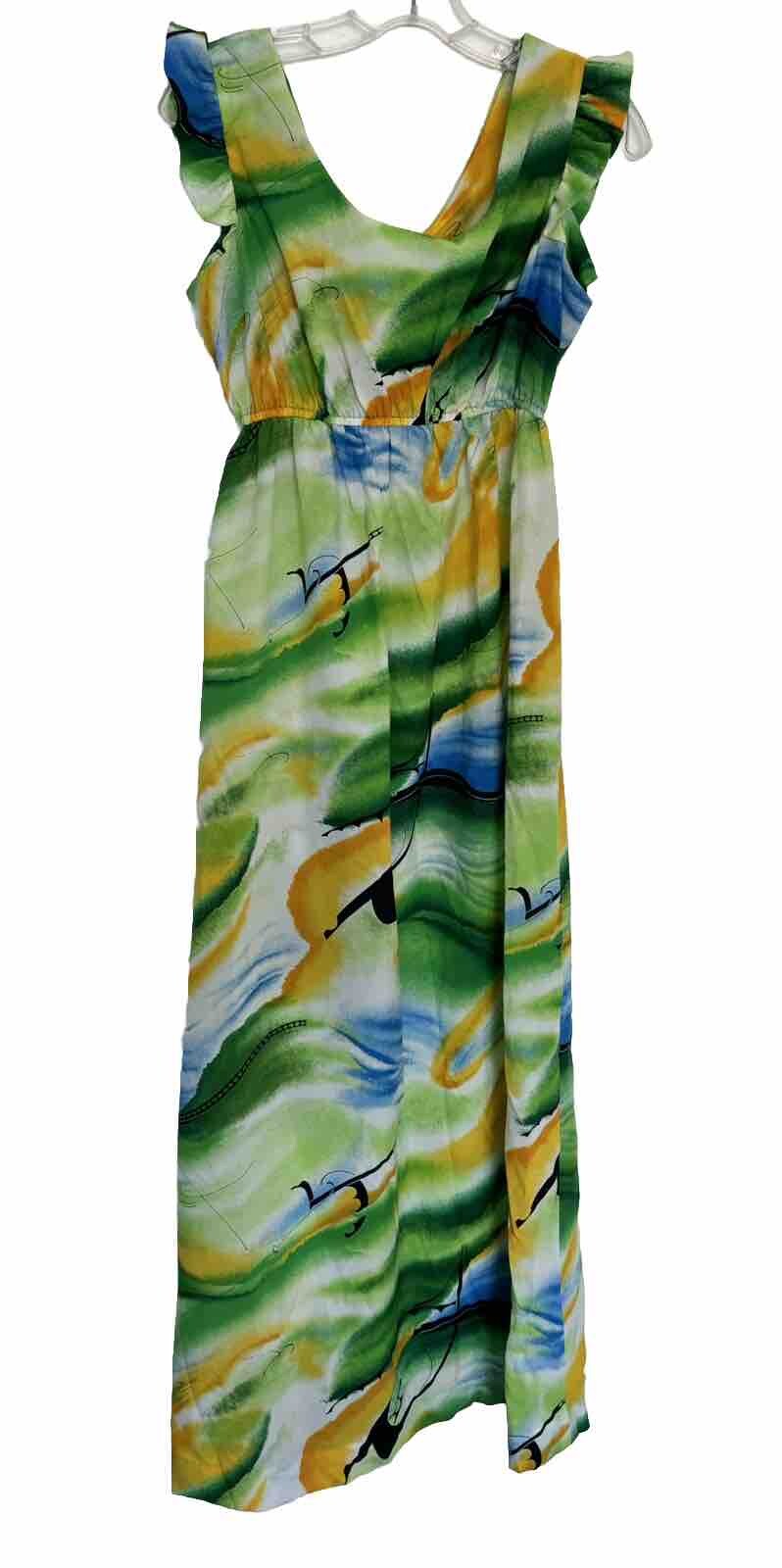 VTG Hukilau Fashions Hawaiian Aloha Maxi Dress Green Multi Size 16 Honolulu