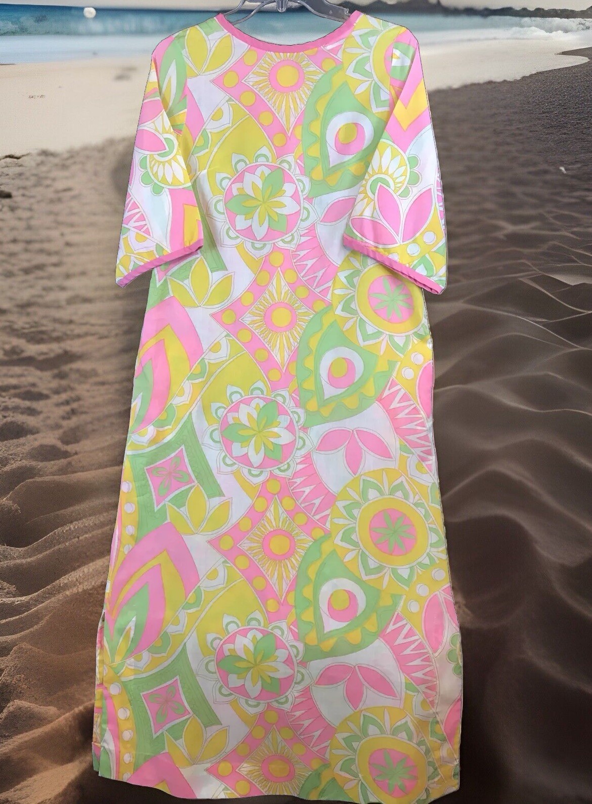 Paulette Chicago 60s Retro Pink Yellow Green White Full Length Dress Size 9-10