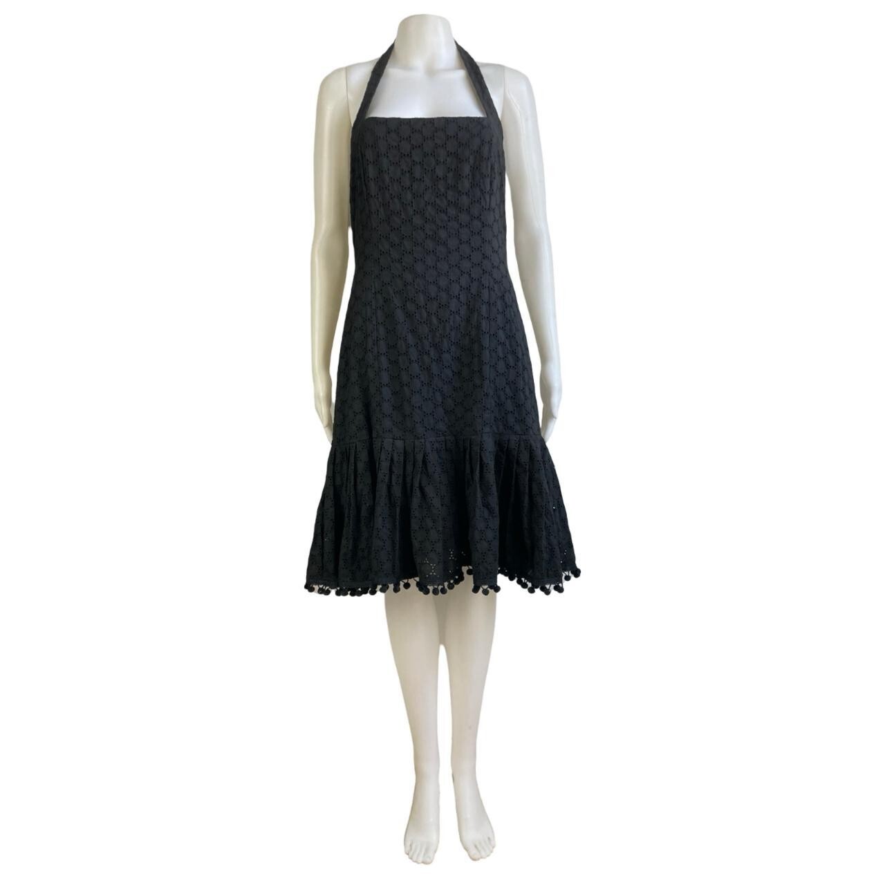 Vintage Eyelet Lace Cotton Dress Size Small 90s Maggy London Pom Pom Trim Halter