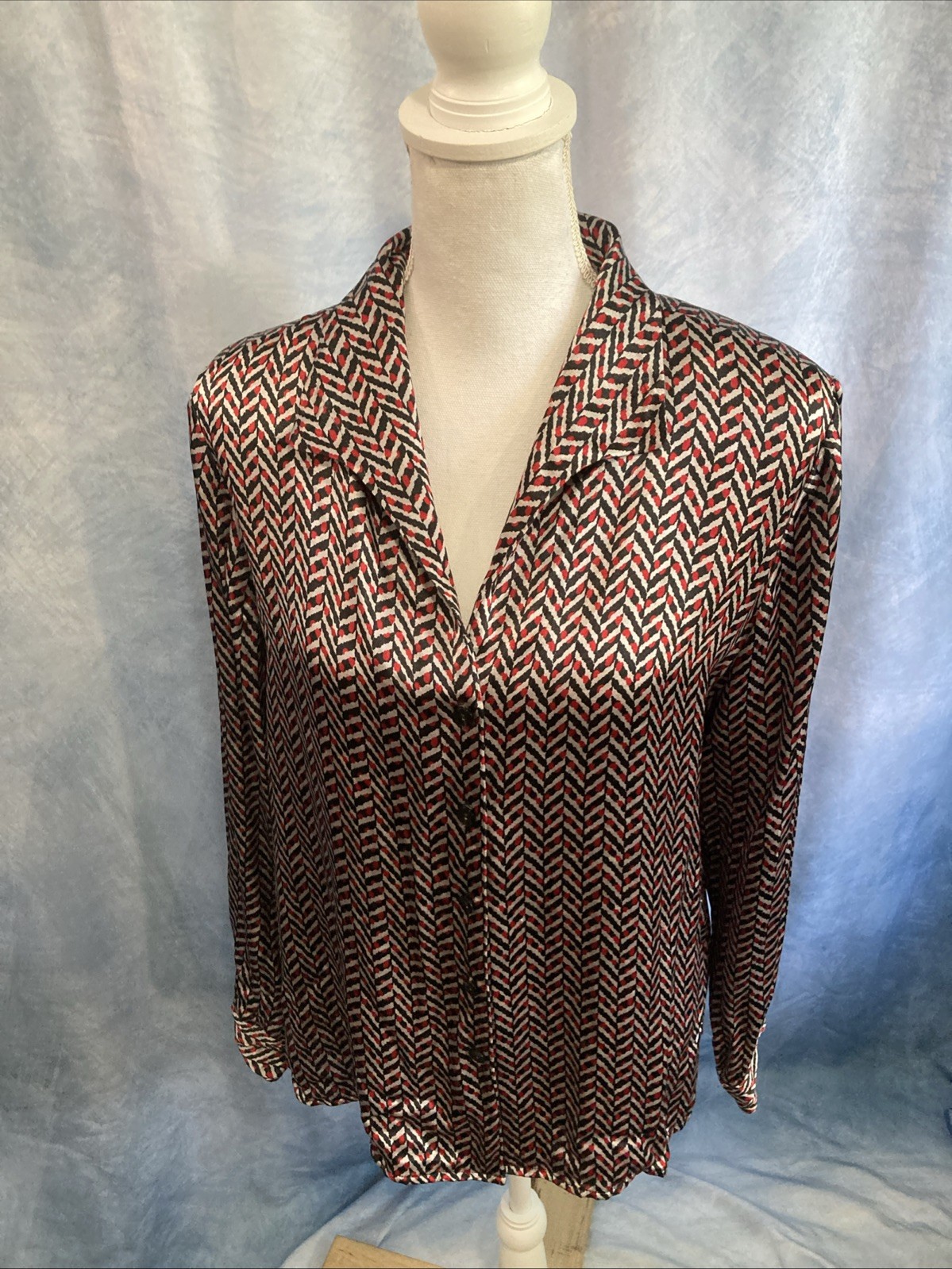 Vtg 80s 90s Gianni Rayon Satin Blouse Geometric Chevron Pads Shawl Collar 14 M
