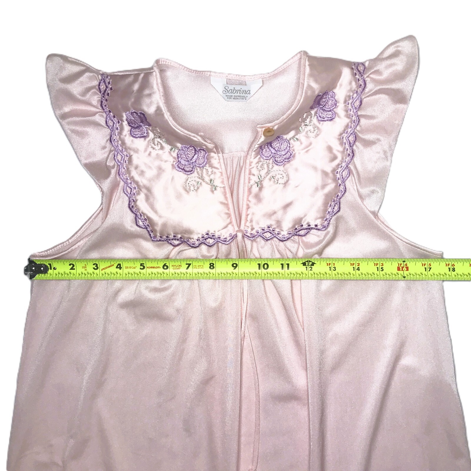 Vintage Sabrina By Mervyn’s Long Pink Nylon Night Gown w/ Embroidered Flowers