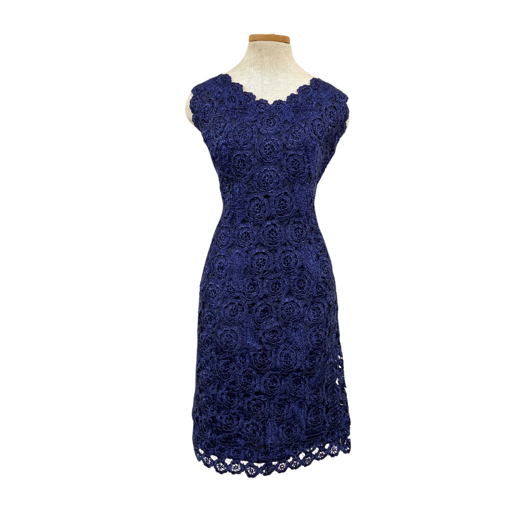 Vtg 40s 50s 1940s Mid Century Bombshell Pin Up Raffia Crochet Navy Wiggle Dress