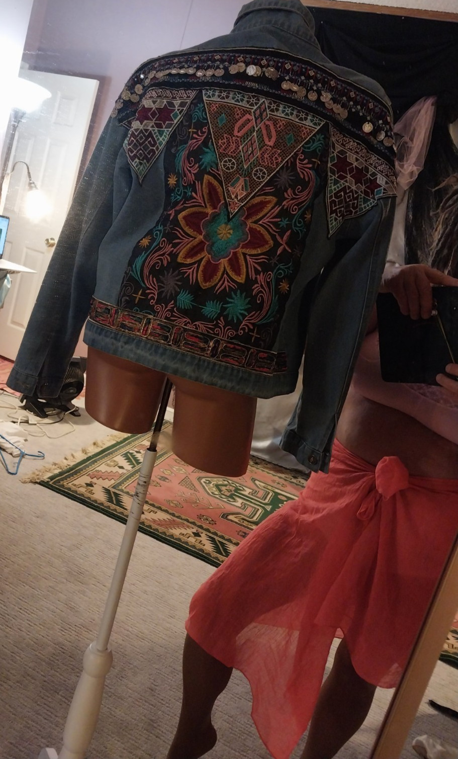 VTG Y2K 90’S BOHO Embroidered Denim Jacket Floral Embellished Tribal Pyramid SEE