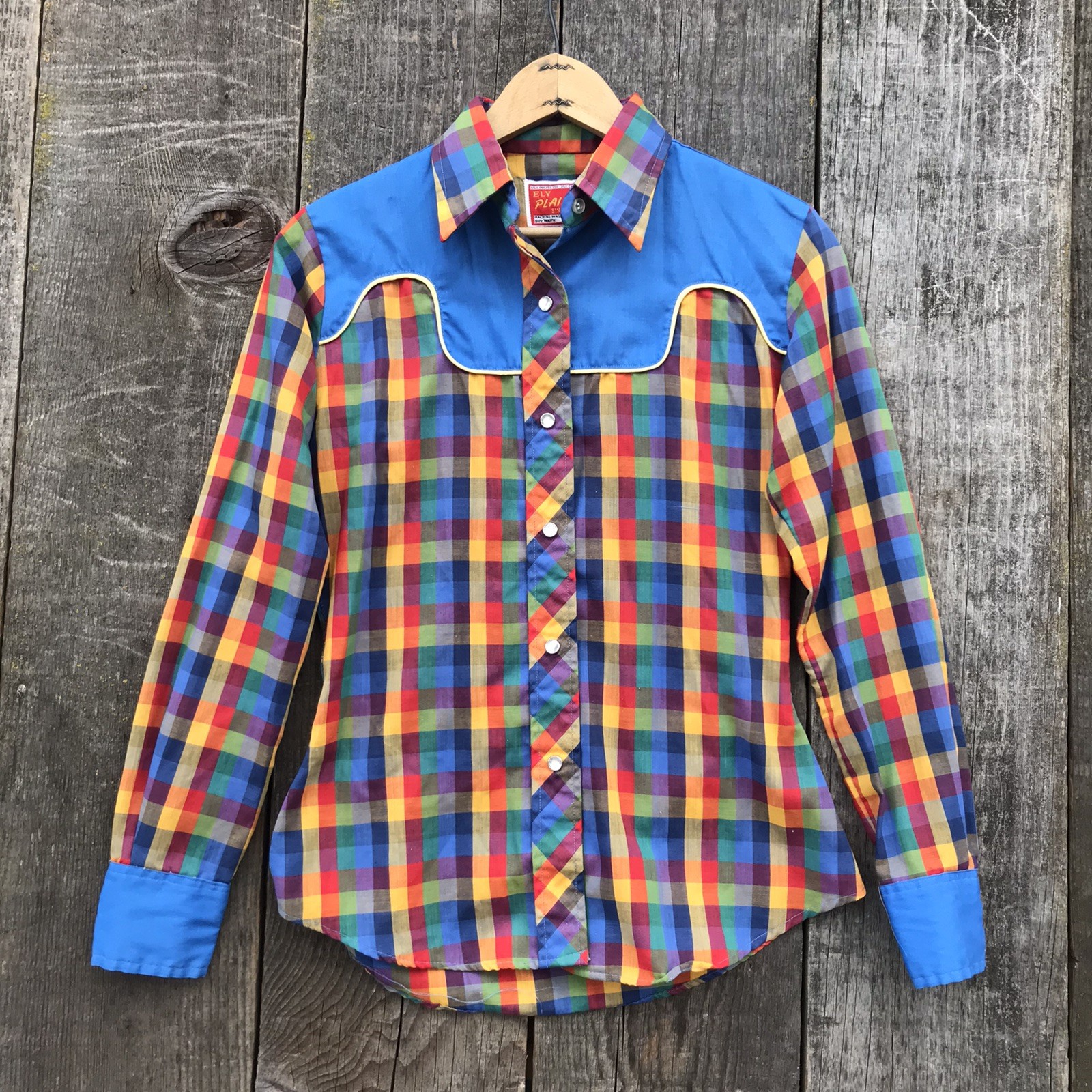 VTG 80s Ely Plains Western Cowgirl Plaid Contrast Yoke Pearl Snap Blouse S/M