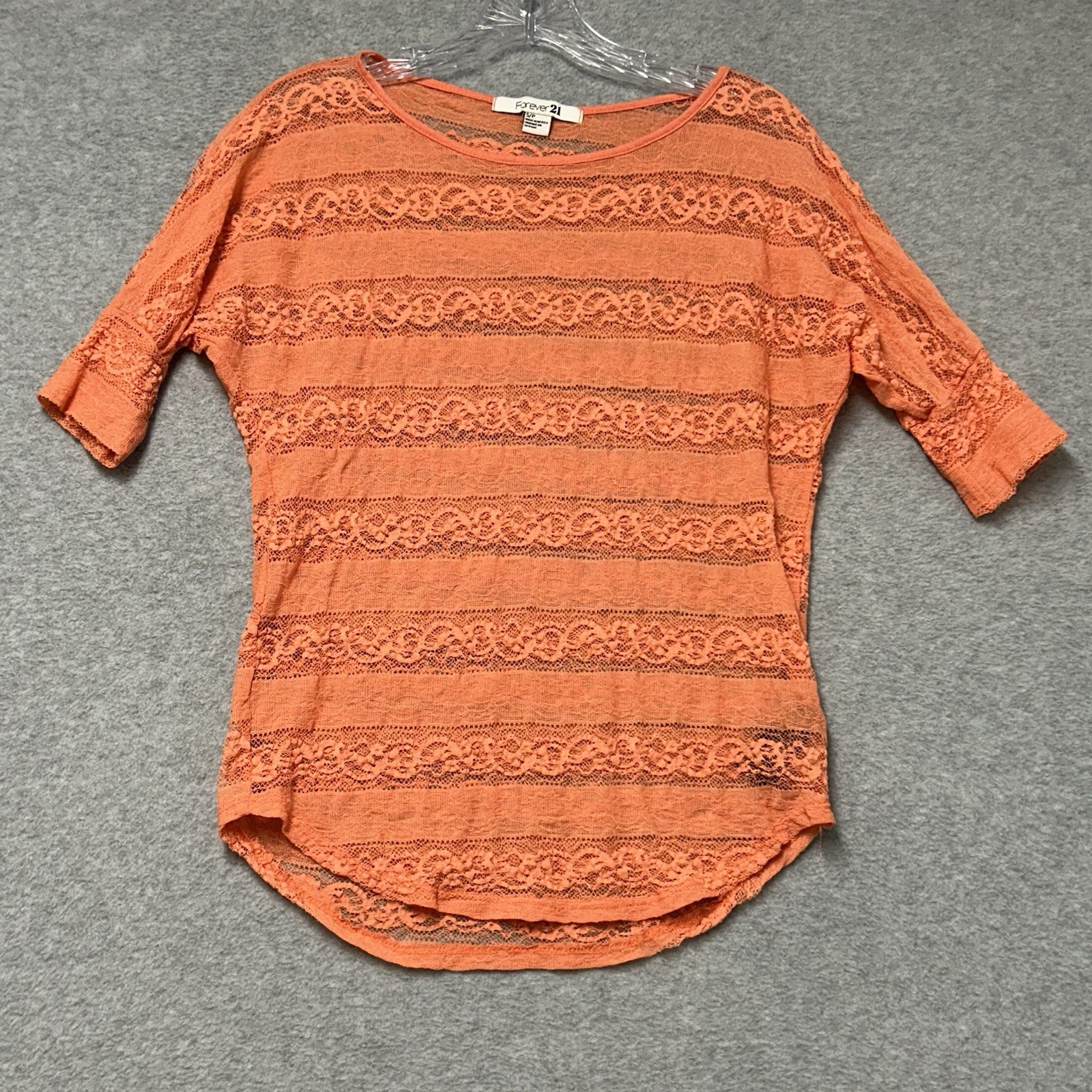 FOREVER 21 Lace Sheer Top size S/P Y2K Coral Orange Women’s Juniors Short Sleeve