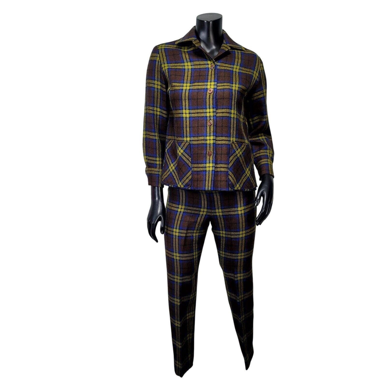 Vintage 60s Kajimatu Japan Wool Plaid Pantsuit Brown Blue Yellow Tartan Mod Set