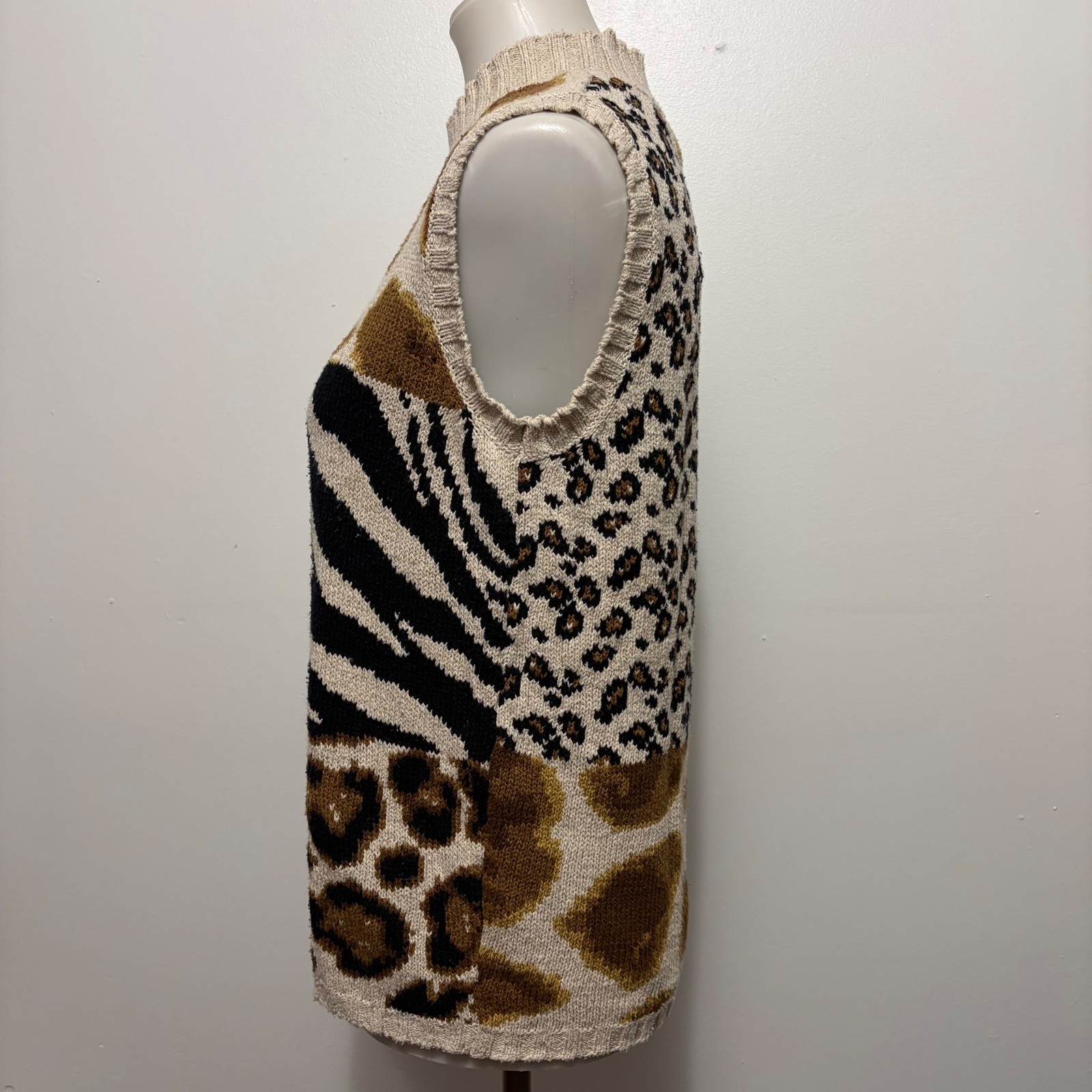 Vintage David Brooks 80: Sweater Vest L Tan Animal Print Silk Linen Mock Neck