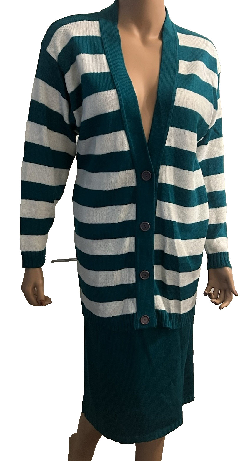 Vintage 80s 90s CABANA STRIPE Cardigan + Sweater Skirt Set VIBRANT Blue-Green