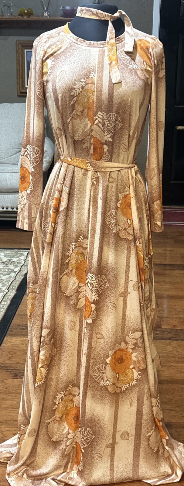 Howard Wolf Vintage 70’s Tan Cream Orange Flower LONG “Slinky” Dress Medium MOD