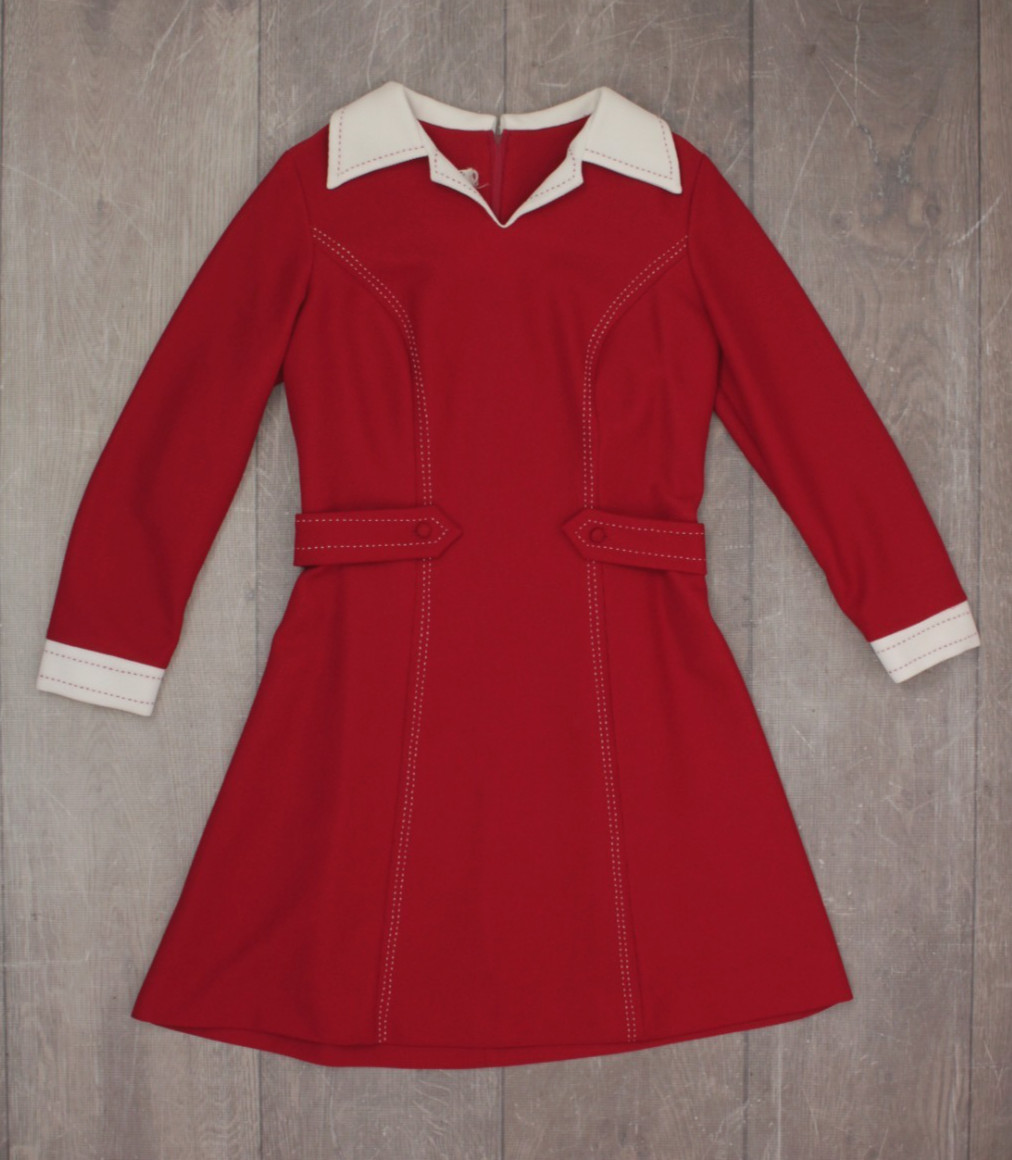 VTG Womens 60s Dark Red Long Sleeve Mini Dress W/ White Collar & Cuffs S/M 1960s