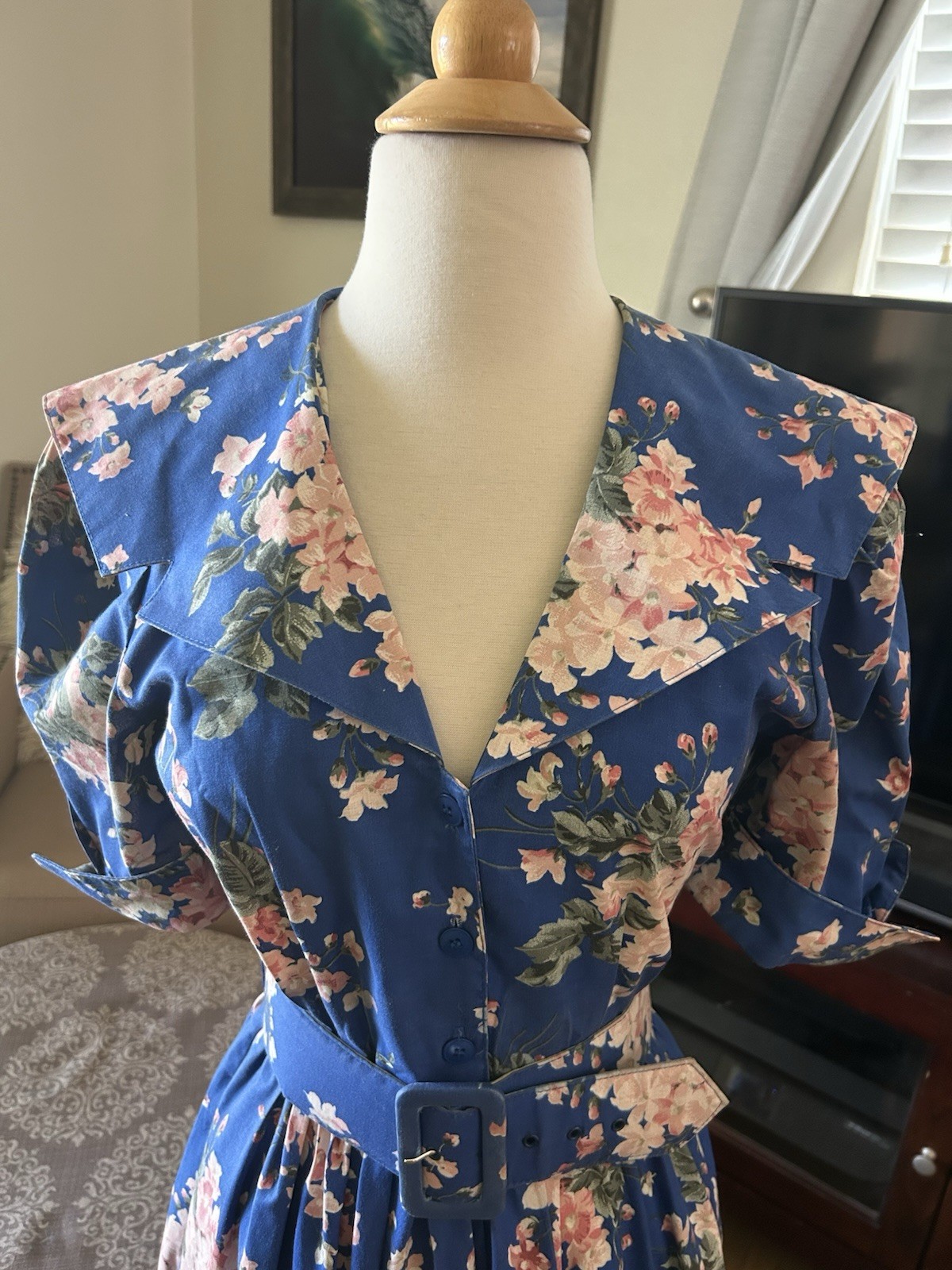 Vtg 80’s Carol Anderson CA blue floral hydrangea tea dress w/ belt size 5/6