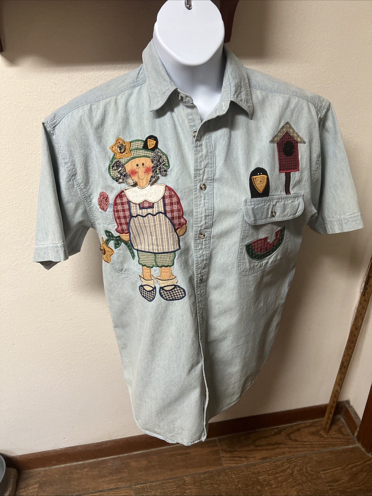 Vtg 1990 Sunbelt Sportswear Chambray Blouse Shirt Applique Gardening Boho Sz M