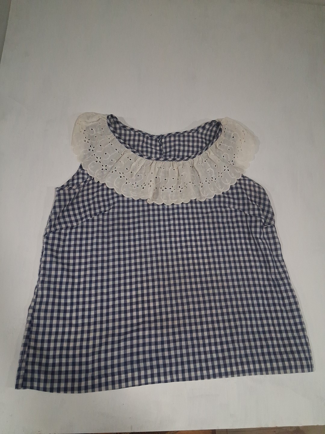 Vtg 60s 70s Handmade Gingham Print Tank Top Scallop Collar XL Cottagecore Granny