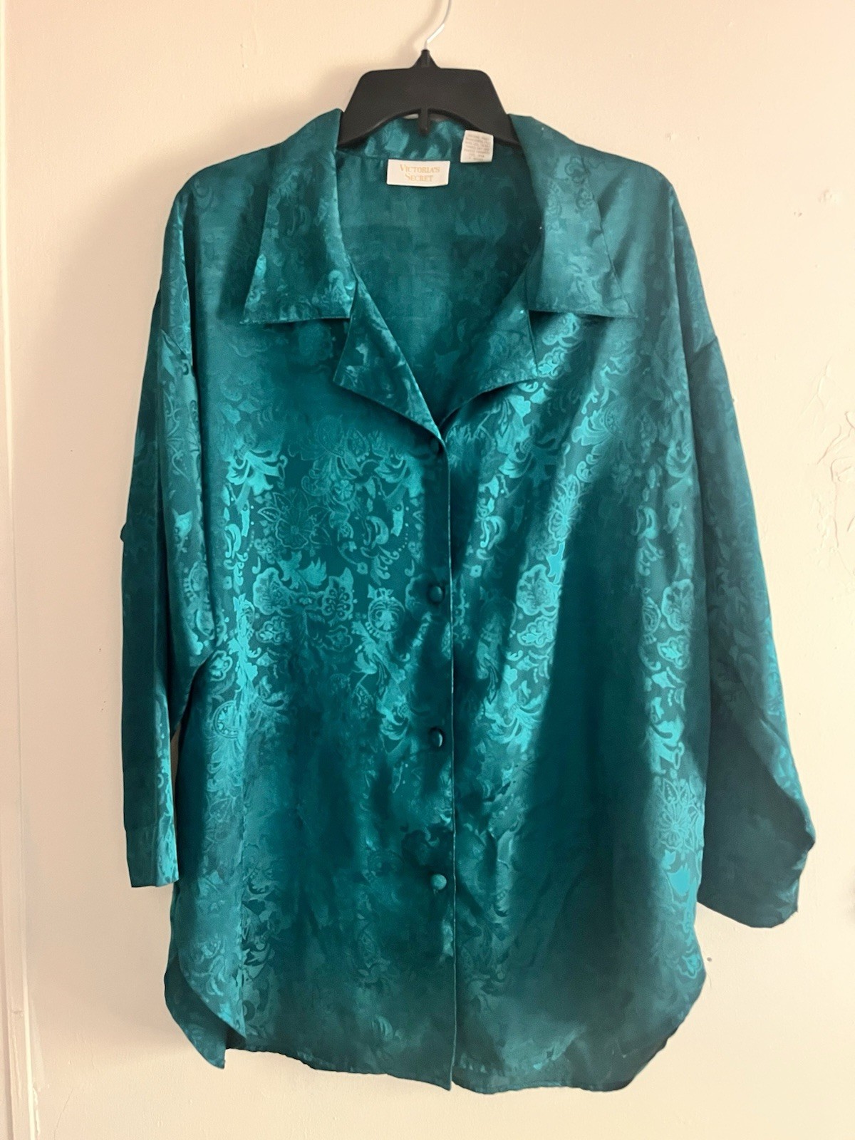 Victoria’s Secret Teal Vintage Satin Jacquard Sleepwear shirt Button Down M/L