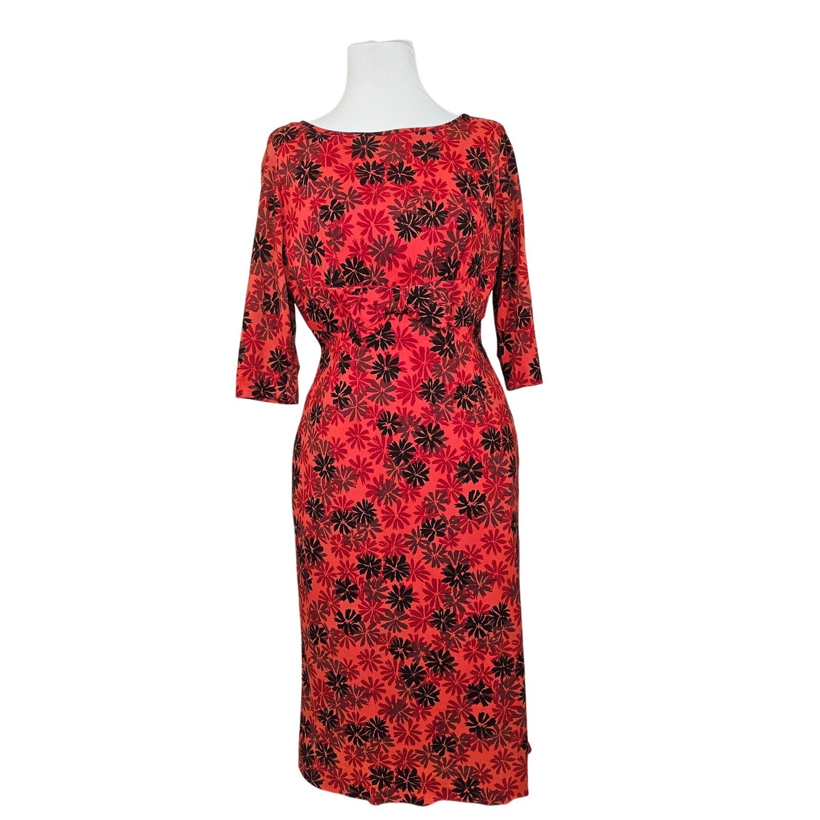 Vintage 60s Red Black Floral Wiggle Draped Back Dress Bow Waist Cocktail Party