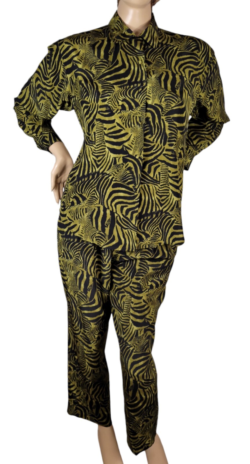 Vintage Ann May 100% Silk Zebra Green & Black Animal Blouse & Pant Suit Set 8