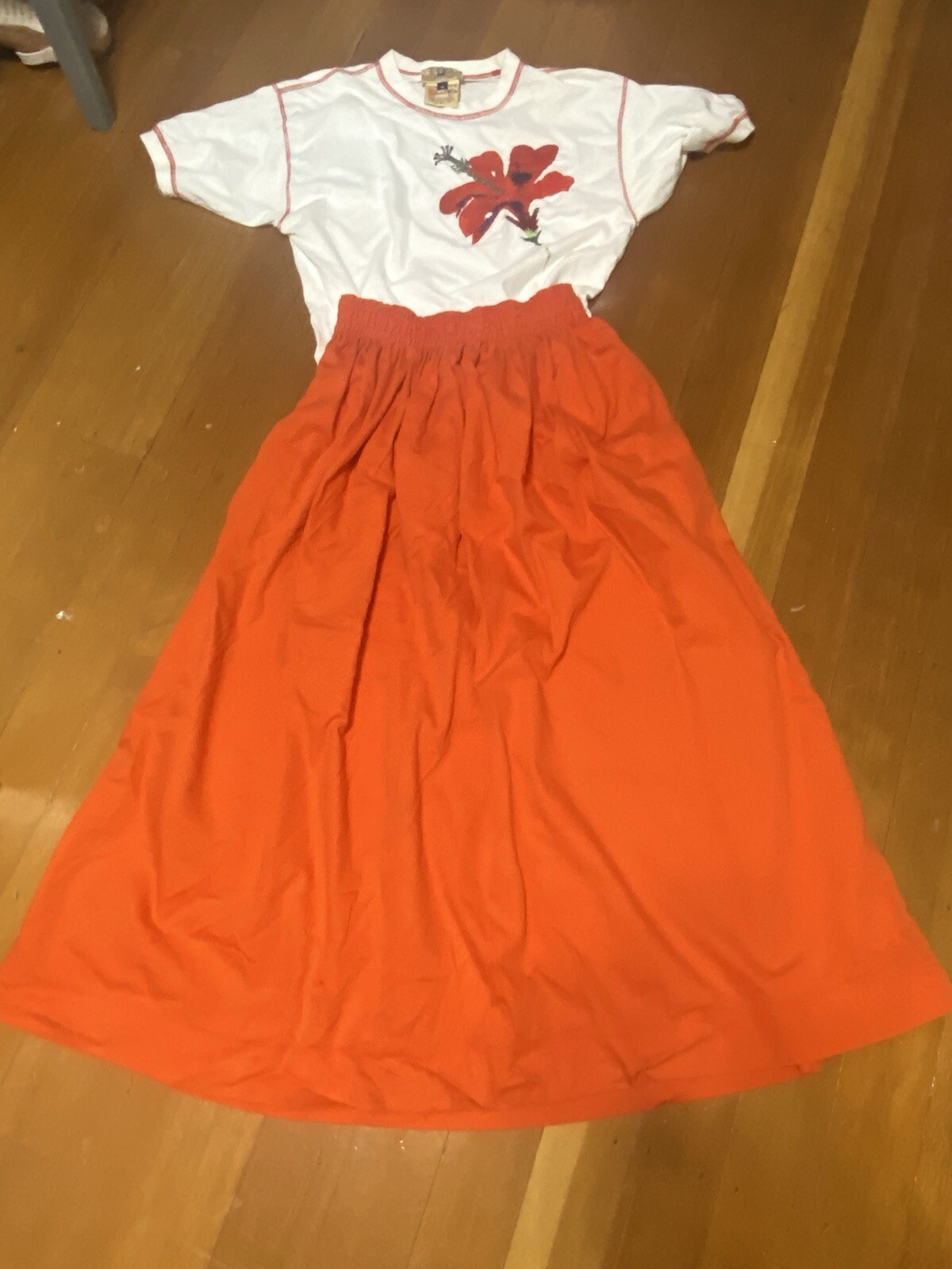 Vtg 80s Gene Ewing Bis Wrinkled Rich Denim Maxi Skirt Set I Magnin Orange M