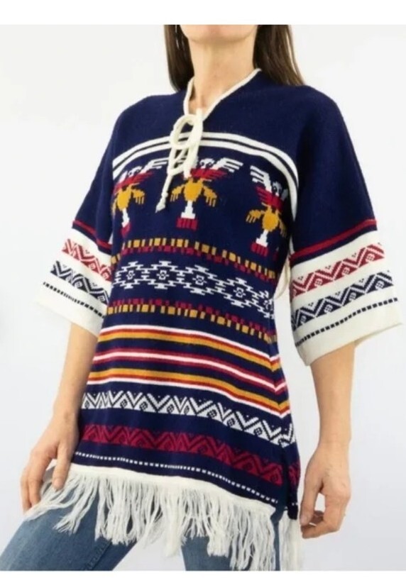 Vintage 1970’s Ethnic Sweater Top Tunic Native American Birds Tribal S/M