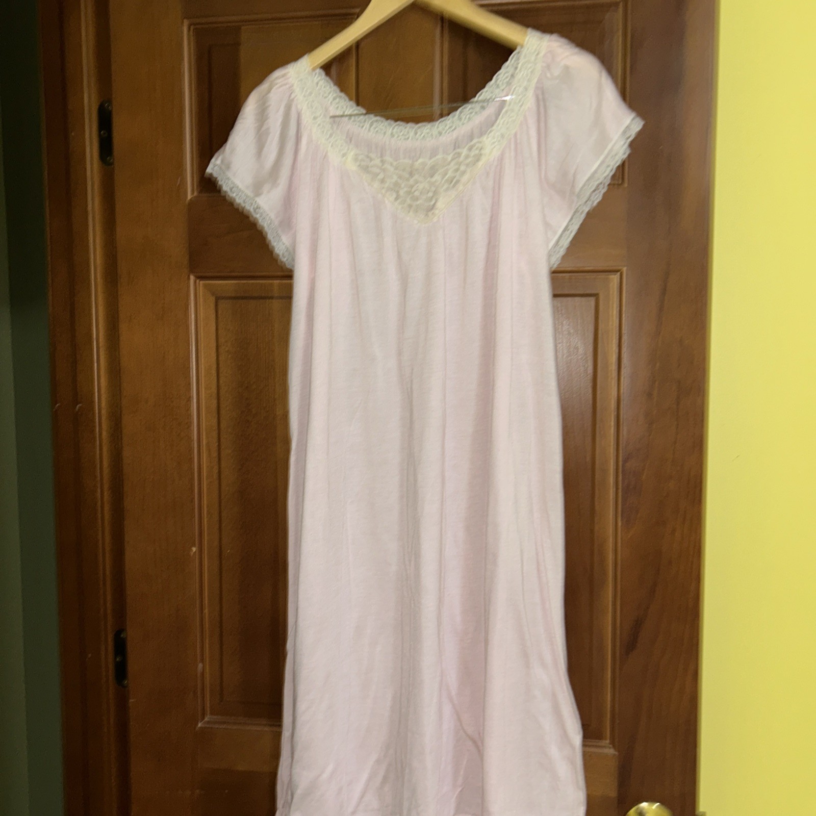 Vintage Pale Pink Nightgown Lace-Trimmed Scoop Neck Soft Knit Cottage Sleepwear