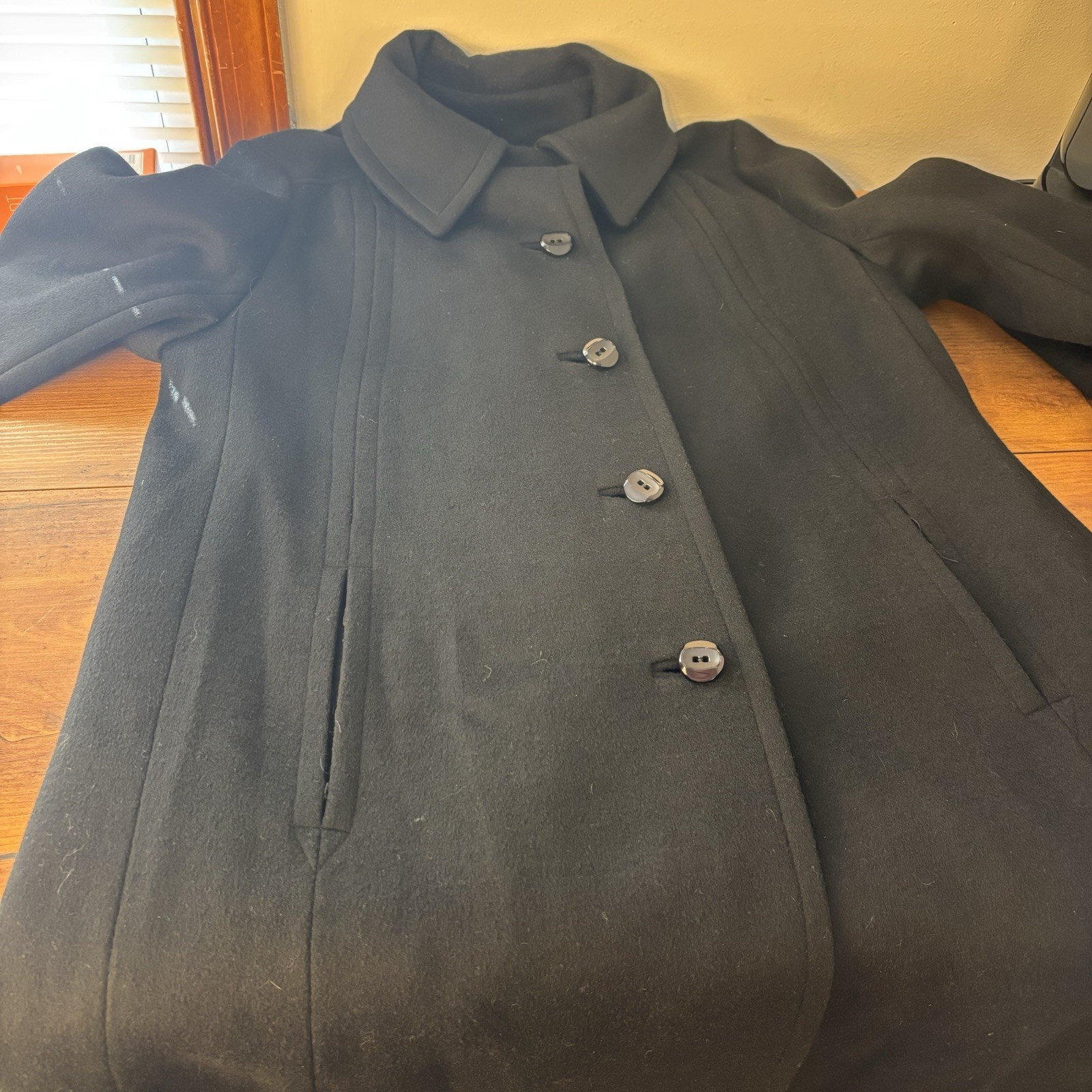 VTG 1960s Stevens Forstmann Black Wool Swing Coat Mod Jacki O Style Quiet Luxury