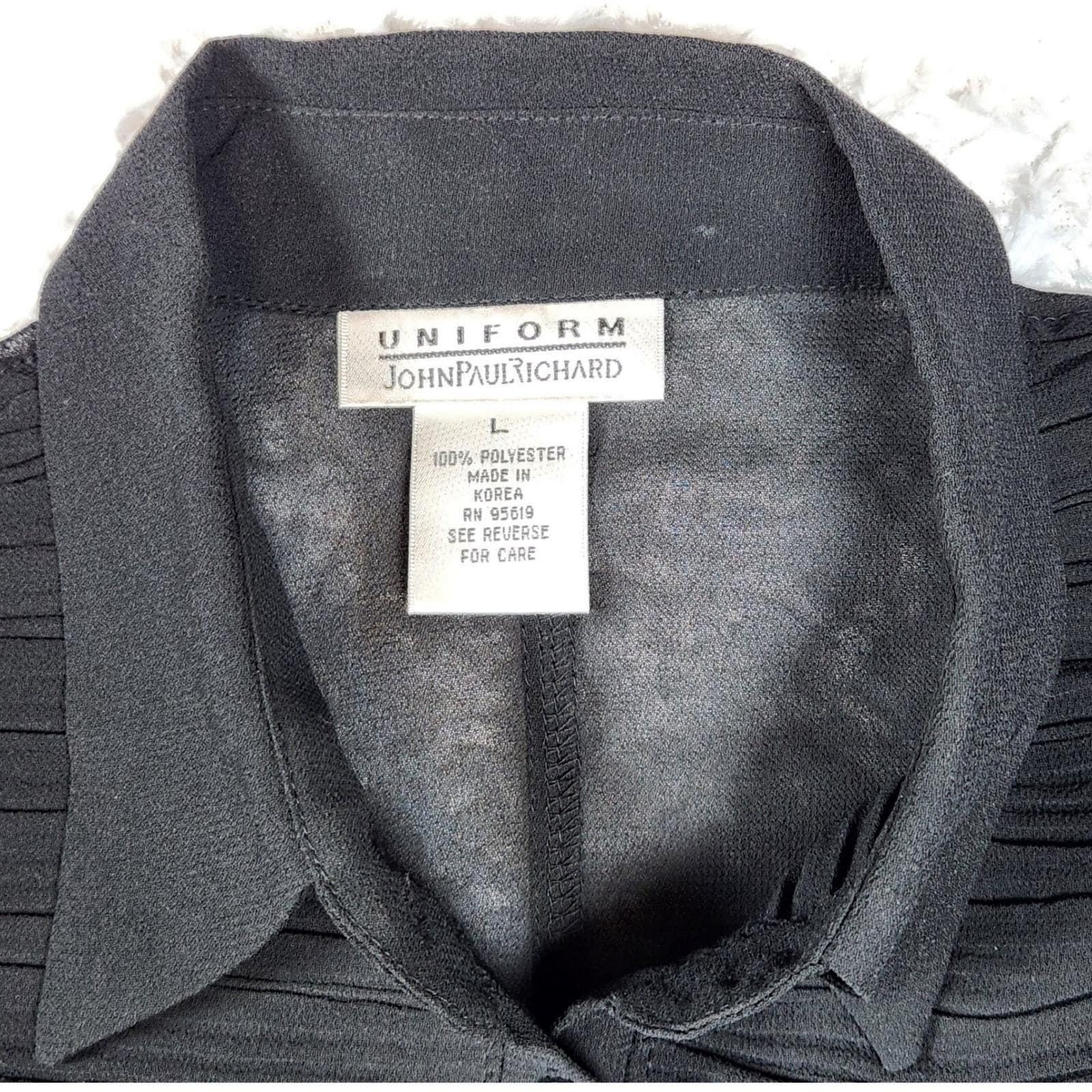 Vintage 90s Uniform John Richard Black Crinkle Button Down Blouse Sheer Sleeve L