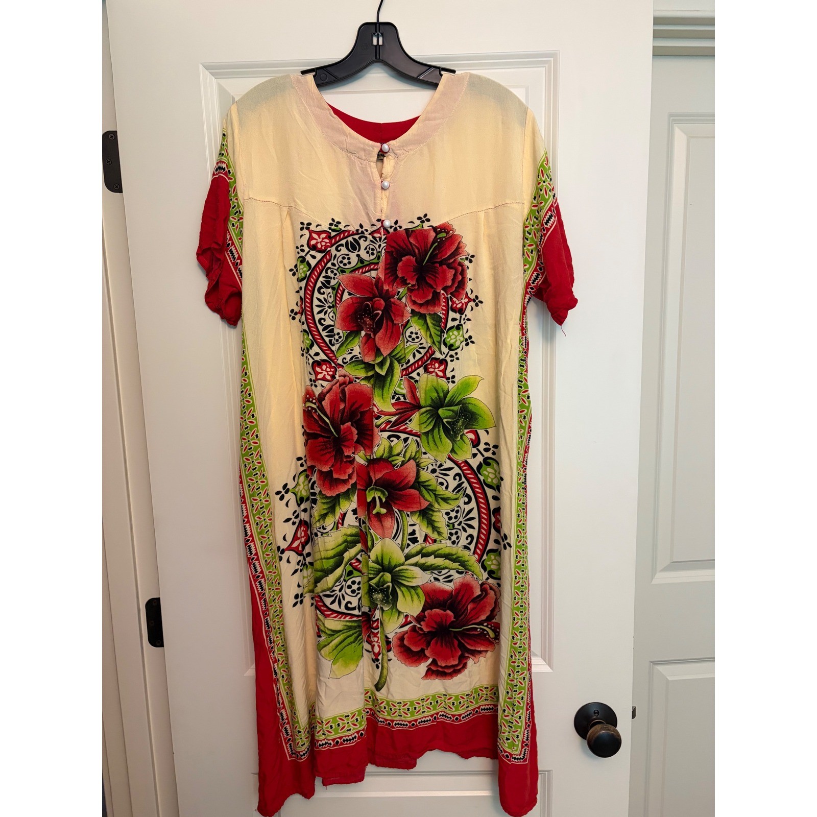 Vintage Batik Kencana Mas Indonesian Kaftan Dress Floral Muumuu Red Cream Boho
