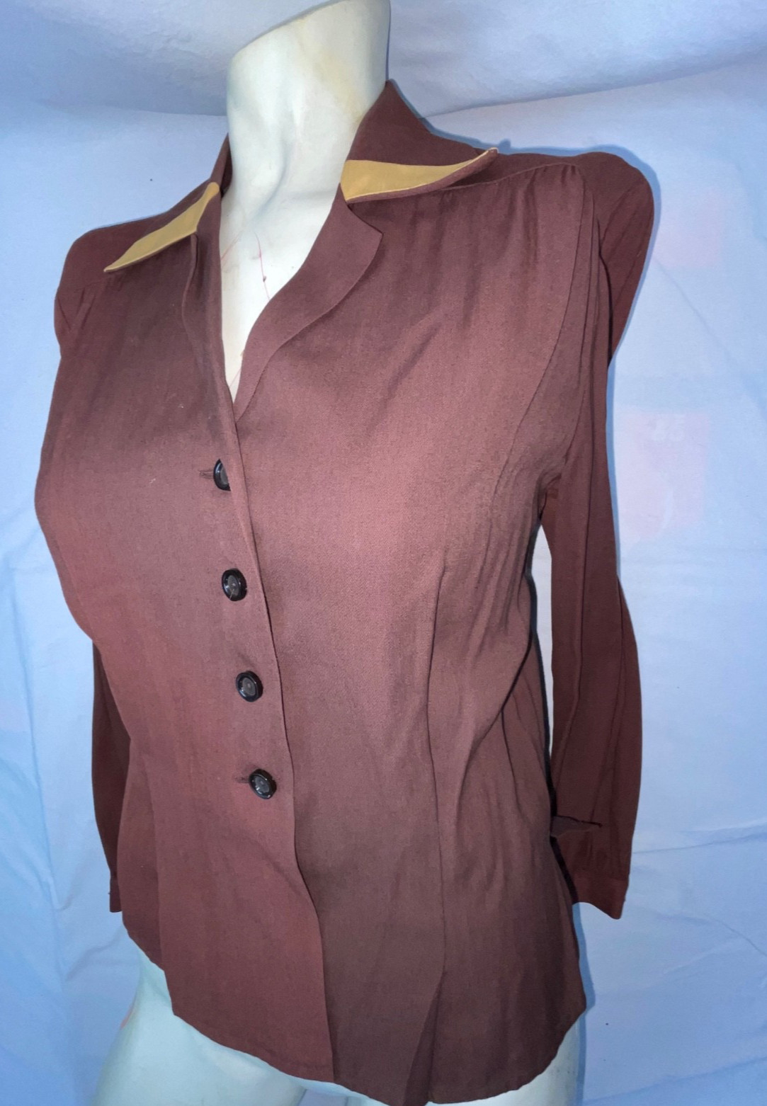 VTG 40S 50S WOMENS S GABARDINE RAYON BROWN BUTTON ROCKABILLY SHIRT TOP