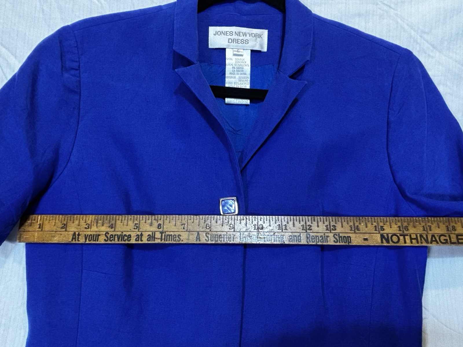 Vintage Blue Silk & Linen Tea Length Dress Size 6 80s Minimalist Short Sleeve
