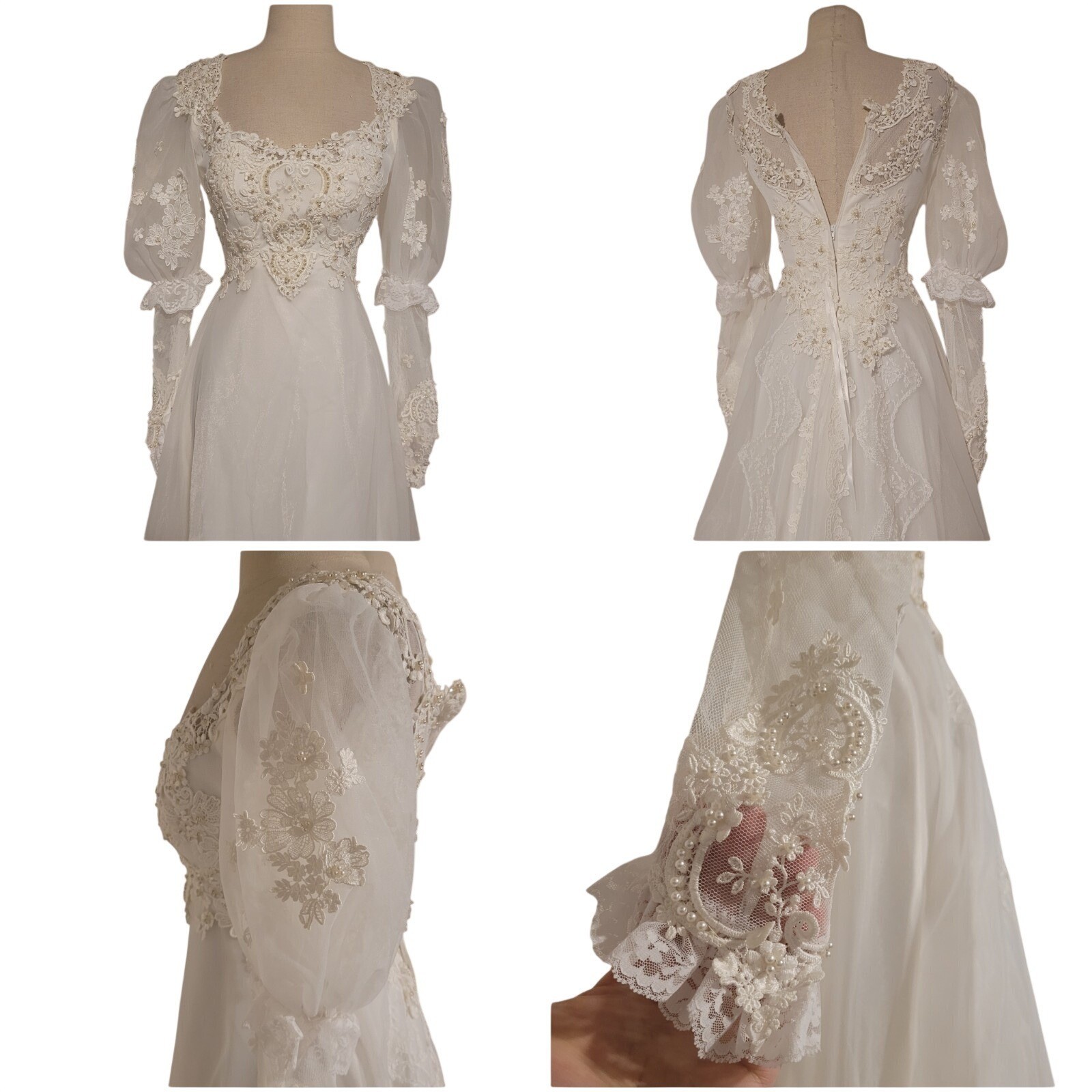 Vintage Eve Of Milady Wedding Dress Matching Veil Sz XXS 2XS Lace Floral Beaded