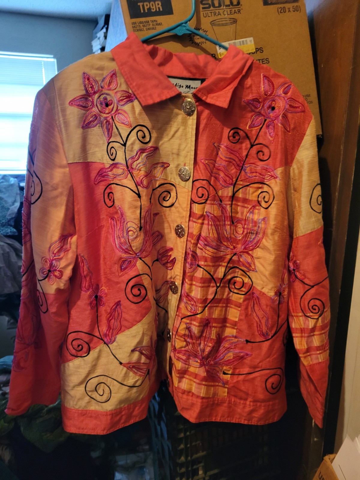 Indigo Moon Vintage Embroidered Patchwork Jacket Size 1X Pink Boho Art To Wear