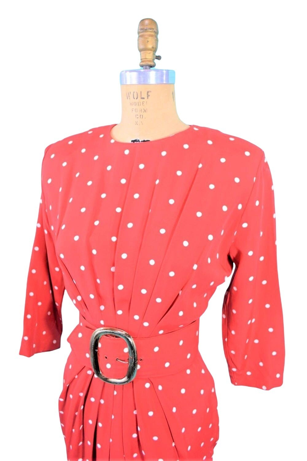 Vintage 1980s Wiggle Dress 50s Style Red Polka Dot Pinup Hourglass W 27″